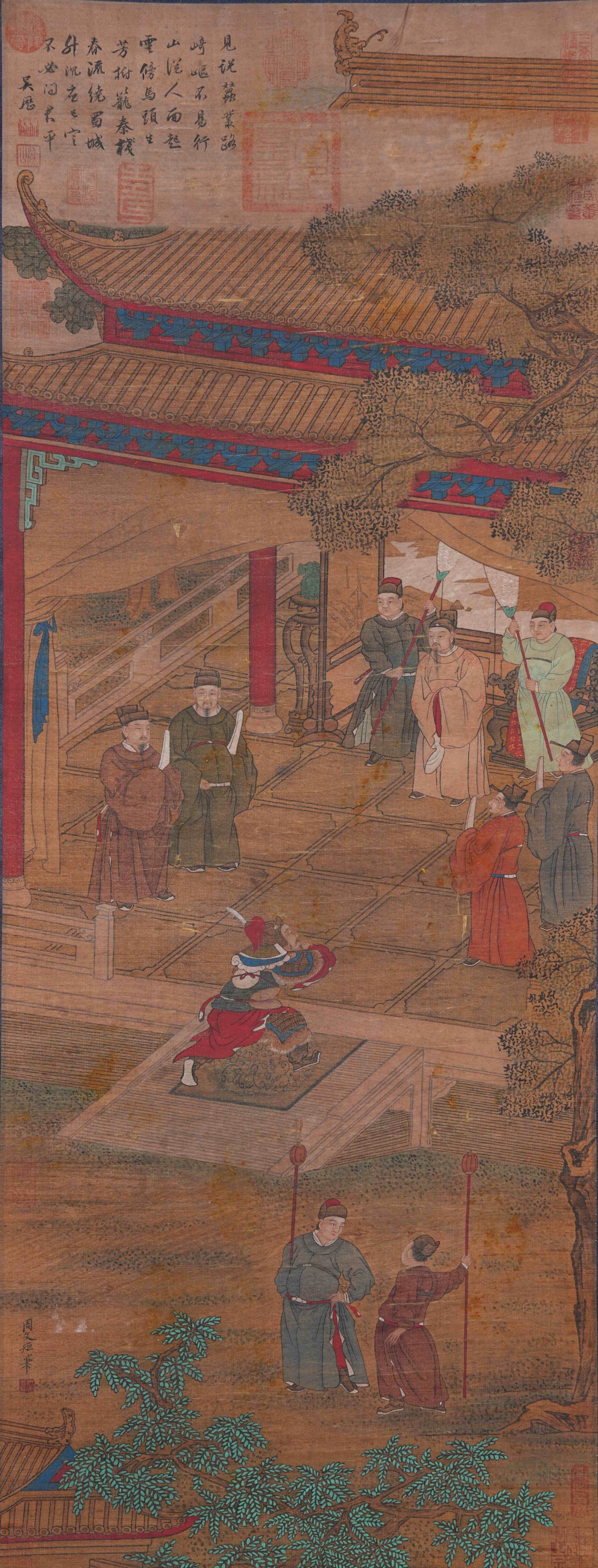 A FIGURE PAINTING ON SILK BY ZHOU WENJU.周文矩: Figure Painting on Silk by Zhou Wenju.周文矩