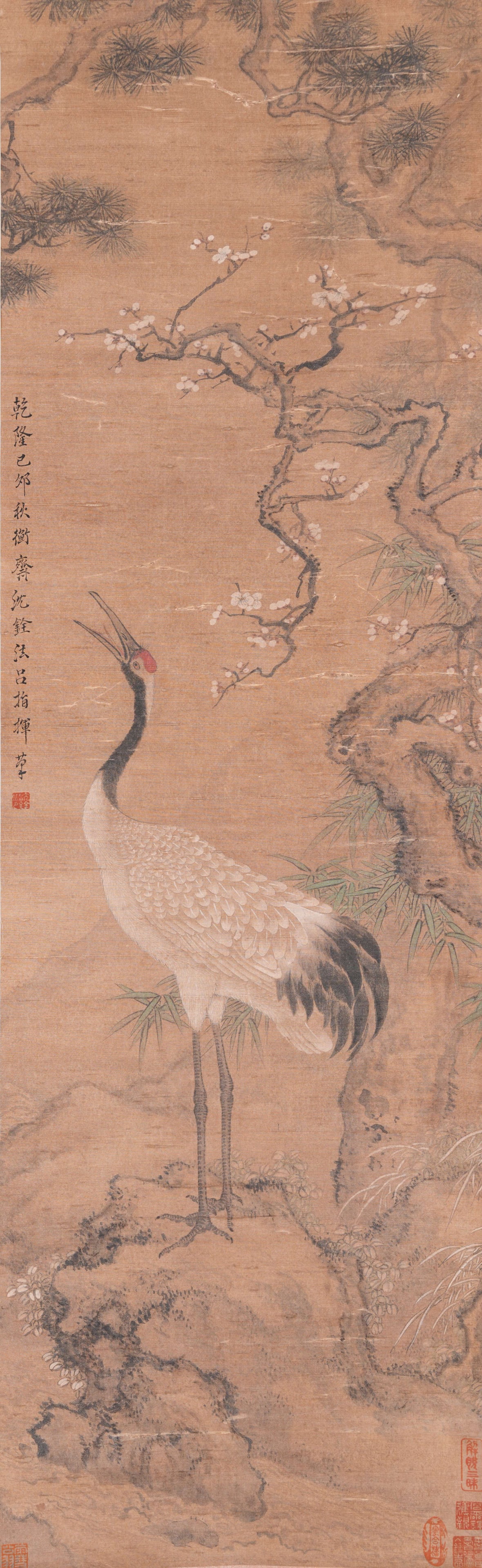 A PINE AND CRANE PAINTING ON SILK BY SHEN QUAN.沈銓: Pine and Crane Painting on Silk by Shen Quan.沈銓