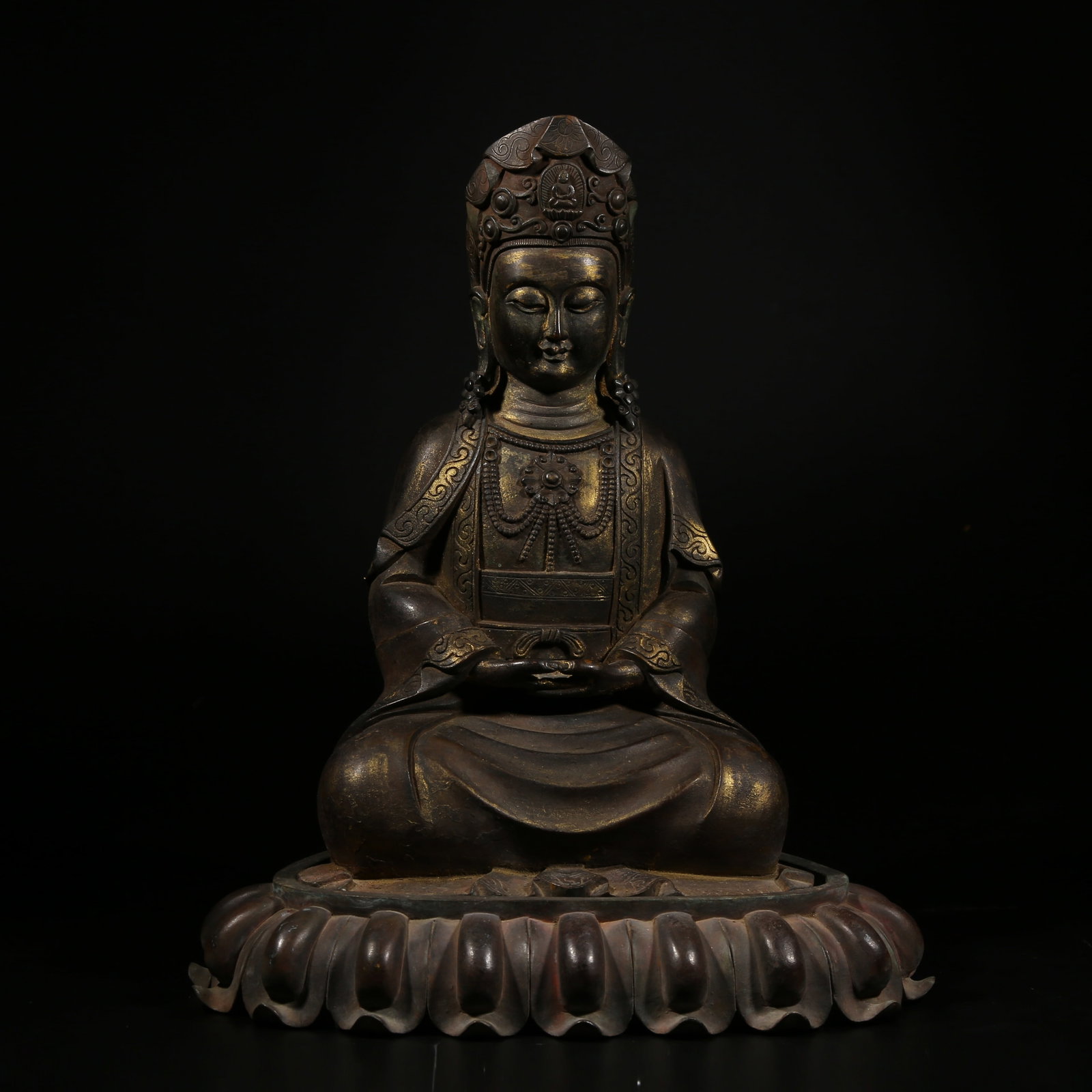 A PARTIALLY GILDED BRONZE BODHISATTVA STATUE: Partially Gilded Bronze Bodhisattva Statue