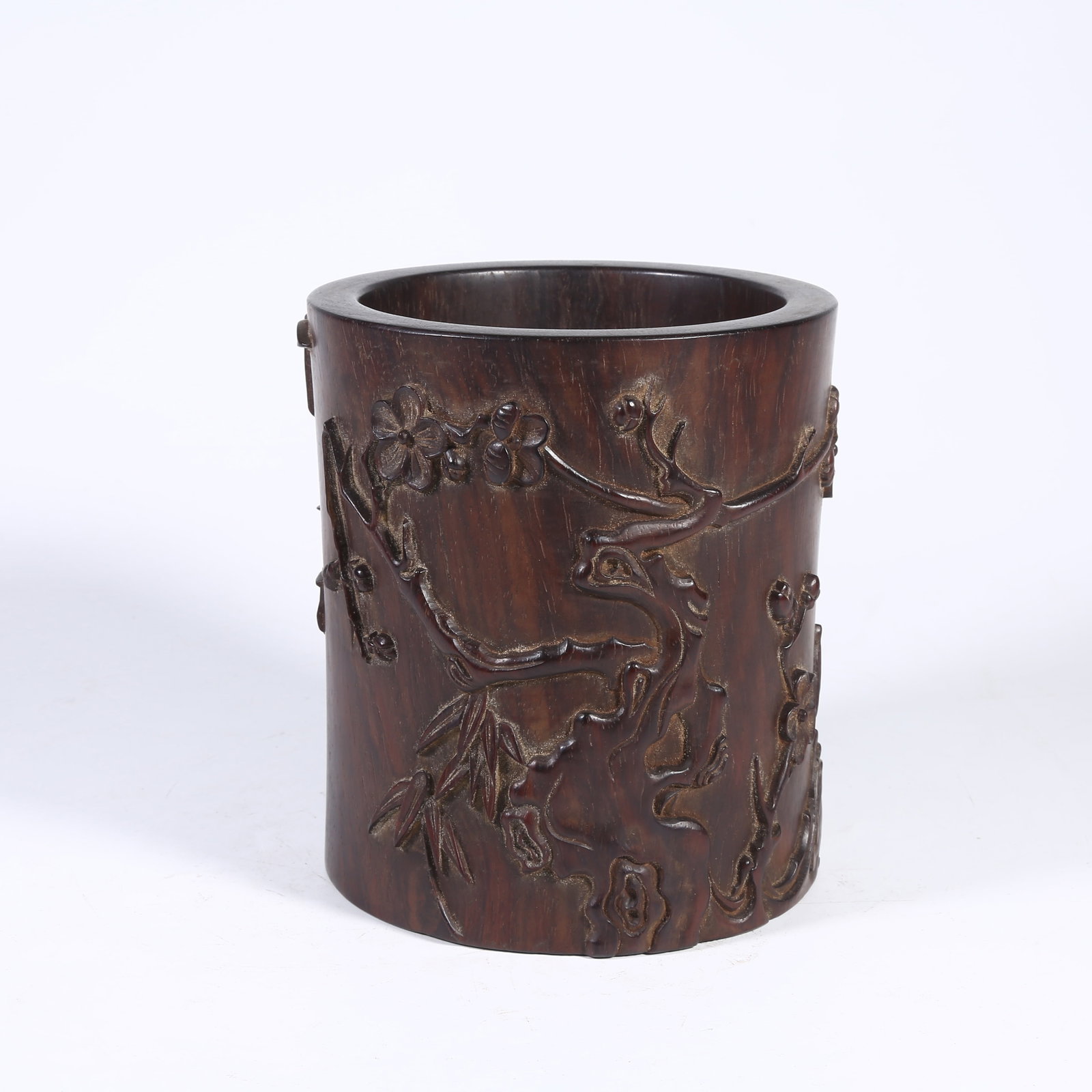 A ZITAN BRUSH POT WITH "THREE FRIENDS OF WINTER" DESIGN: Zitan Brush Pot with "Three Friends of Winter" Design