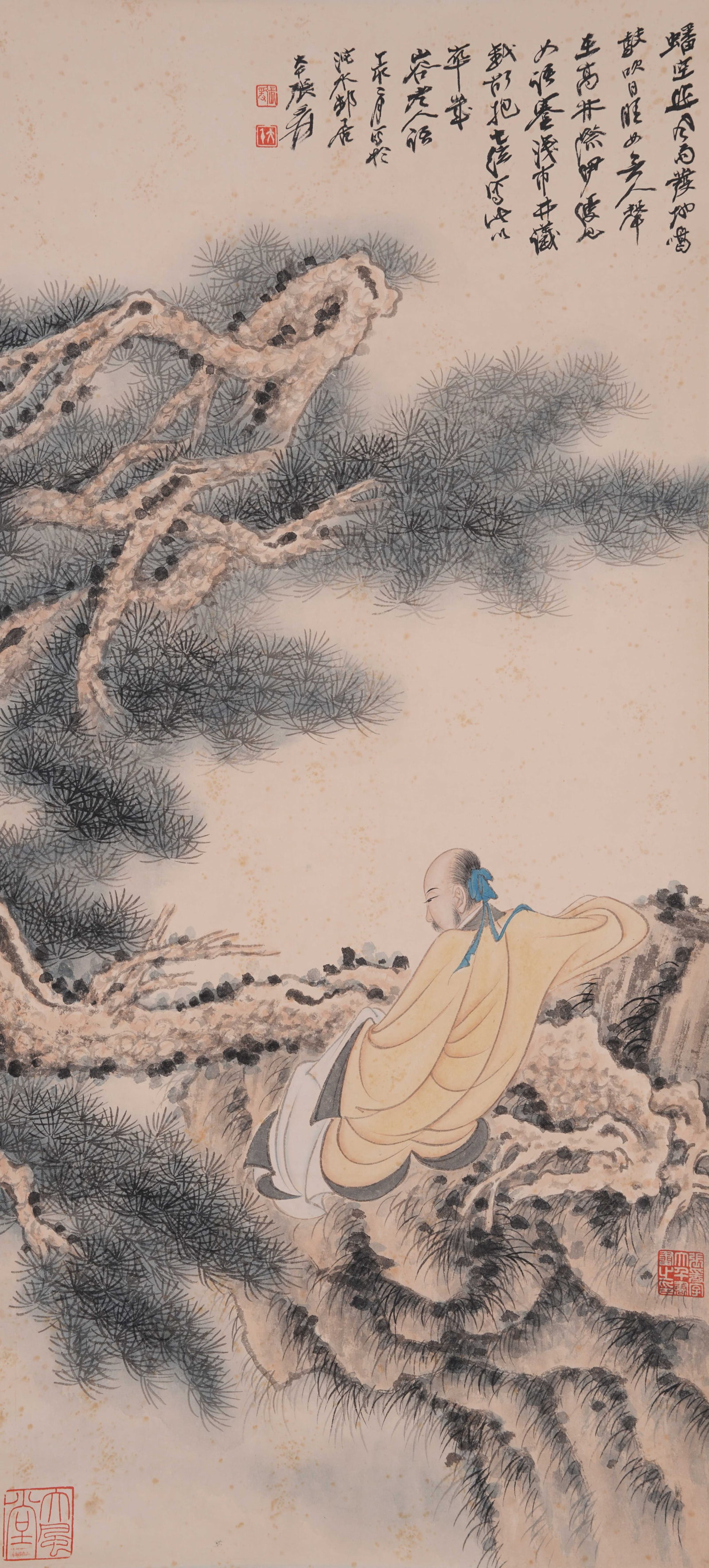A SCHOLAR UNDER PINE PAINTING ON PAPER BY ZHANG DAQIAN.張大千: Scholar Under Pine Painting on Paper by Zhang Daqian.張大千