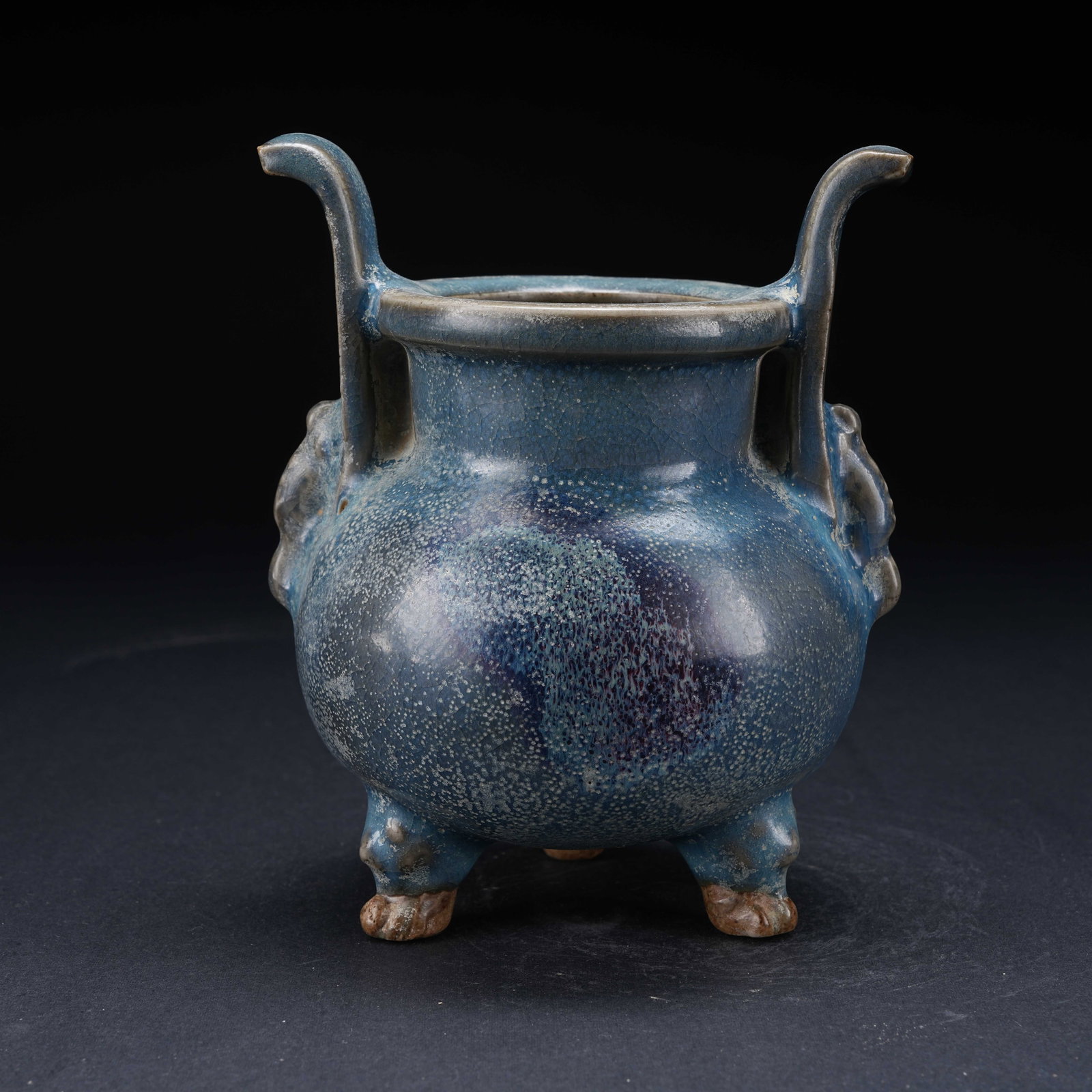 A JUN KILN THREE-LEGGED INCENSE BURNER WITH UPRIGHT HANDLES: Jun Kiln Three-Legged Incense Burner with Upright Handles
