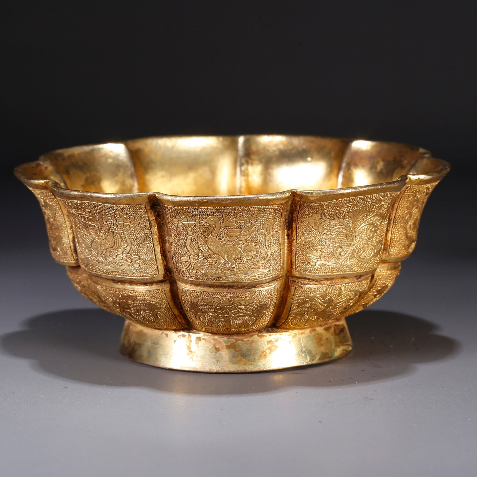 A GILT BRONZE BOWL WITH BIRD-AND-FLOWER MOTIF (1 of 9)