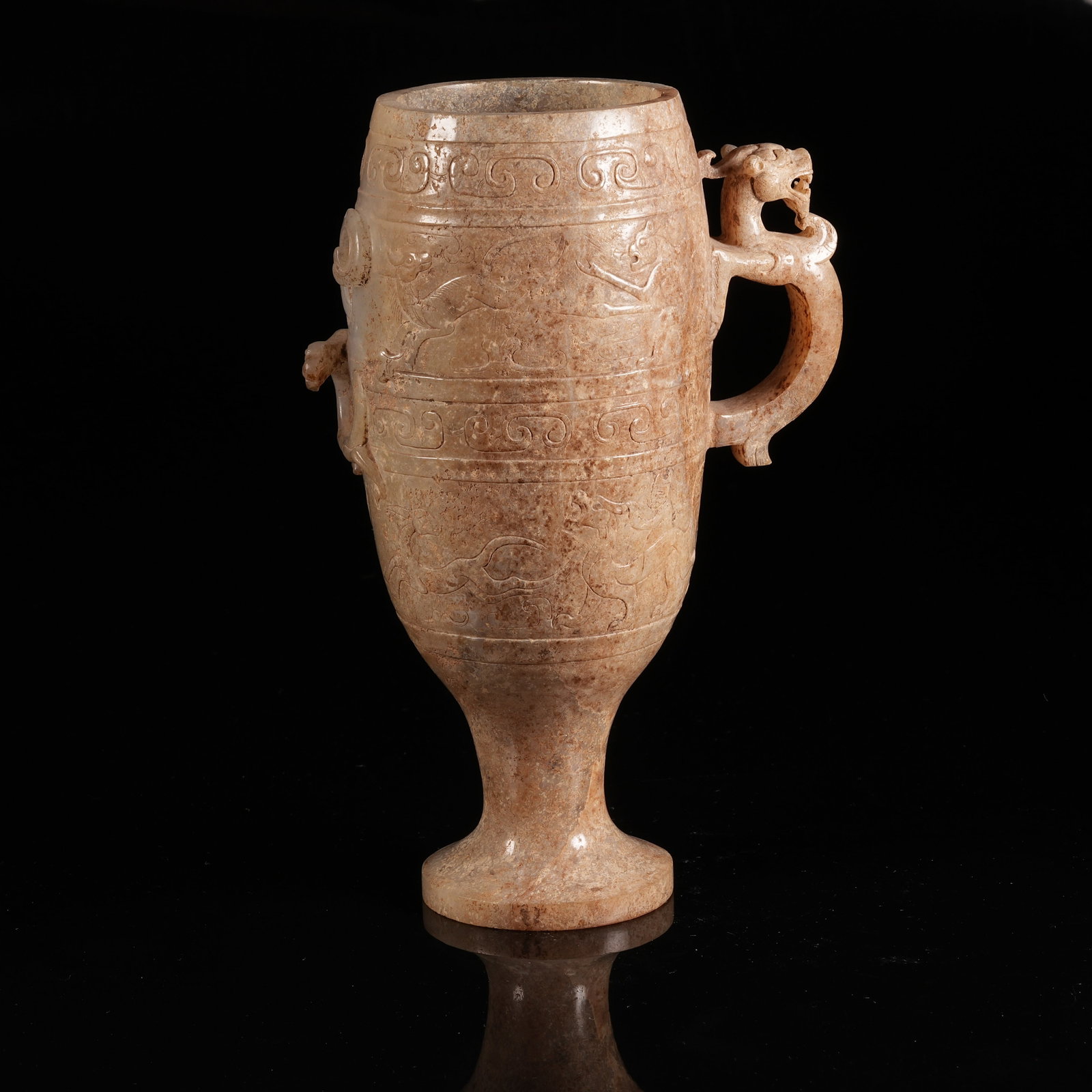 A ANCIENT JADE CUP WITH CHILONG HANDLE: Ancient Jade Cup with Chilong Handle