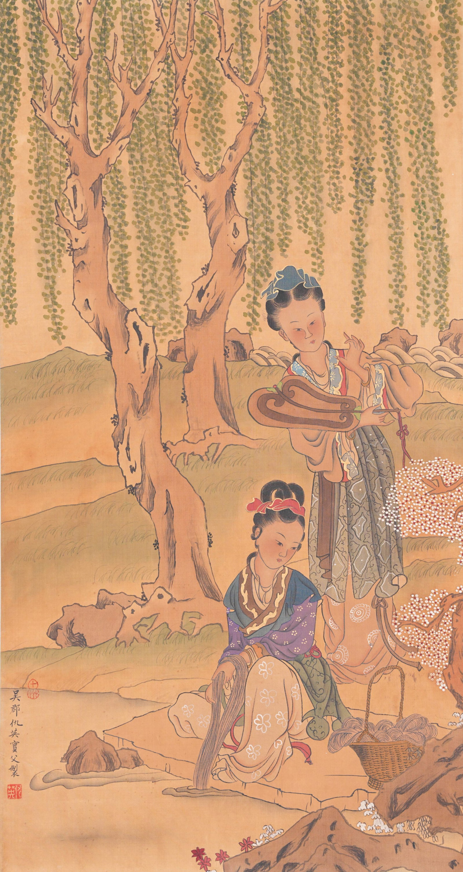 A LADY PAINTING ON SILK BY QIU YING.仇英: Lady Painting on Silk by Qiu Ying.仇英