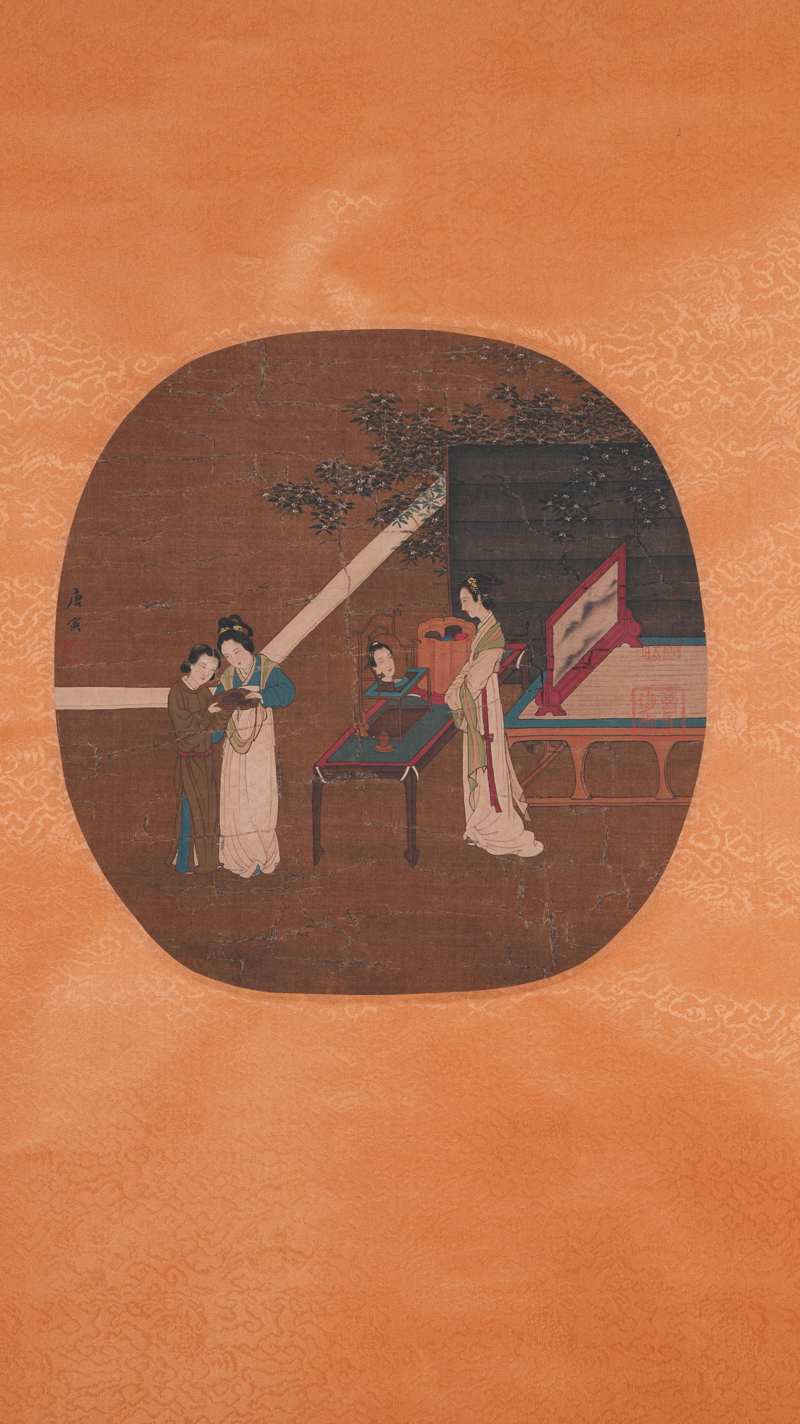 A LADY PAINTING ON SILK BY TANG BOHU.唐伯虎: Lady Painting on Silk by Tang Bohu.唐伯虎