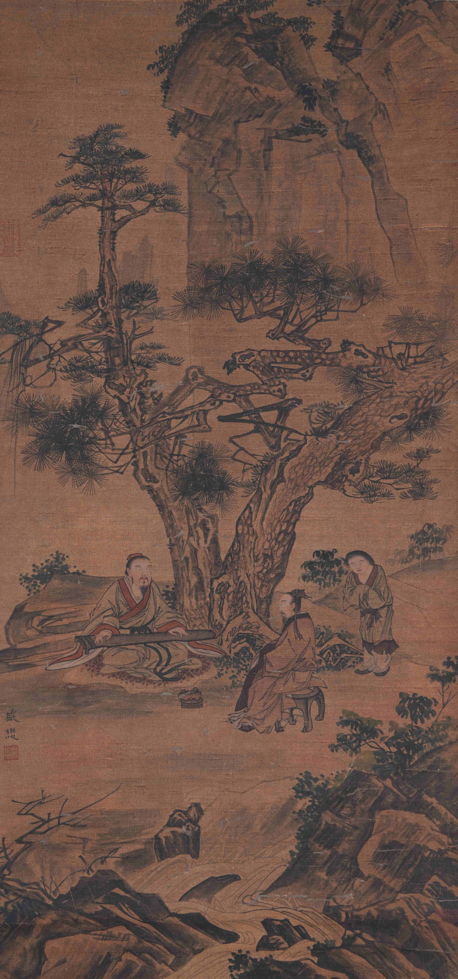 A LANDSCAPE AND FIGURE PAINTING ON SILK BY SHENG MAO.盛懋: Landscape and Figure Painting on Silk by Sheng Mao.盛懋