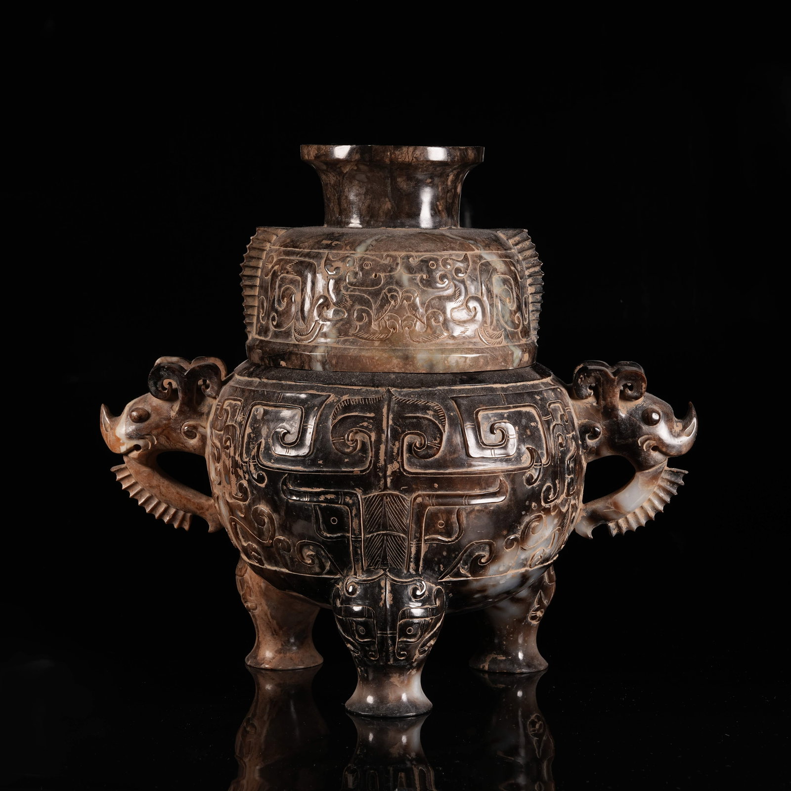 A ANCIENT JADE LIDDED CENSER WITH BEAST MASK PATTERN AND BEAST EARS: Ancient Jade Lidded Censer with Beast Mask Pattern and Beast Ears