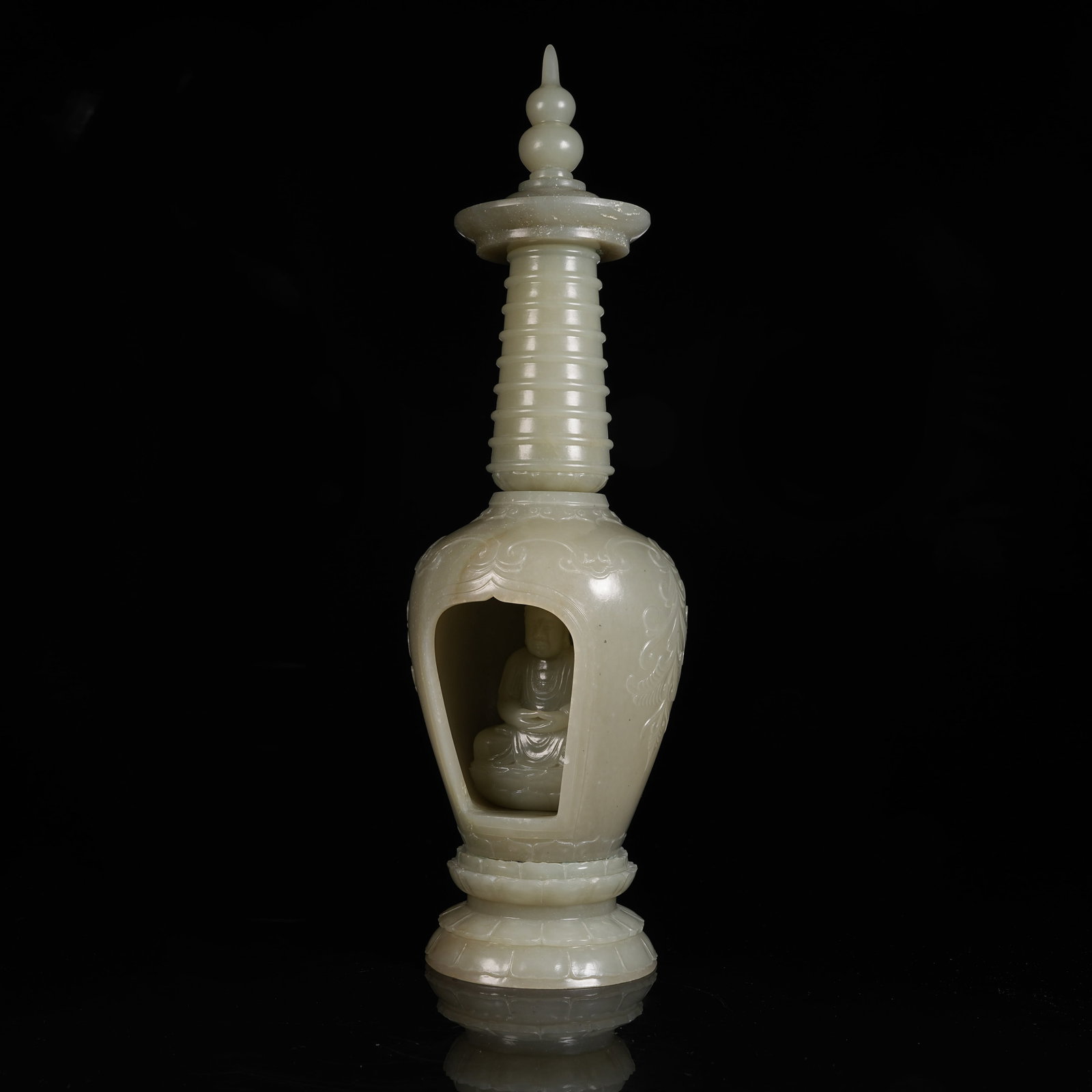 A SET OF HETIAN JADE PAGODAS WITH HETIAN JADE SAKYAMUNI STATUES: Set of Hetian Jade Pagodas with Hetian Jade Sakyamuni Statues