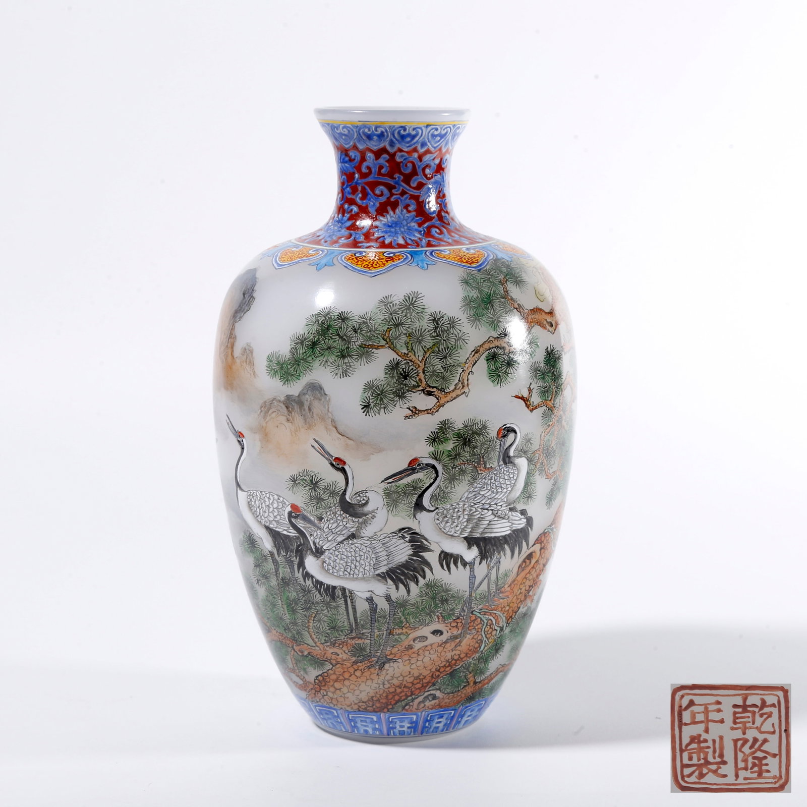 A GLASS ENAMEL VASE WITH PINE AND CRANE PATTERN (1 of 9)