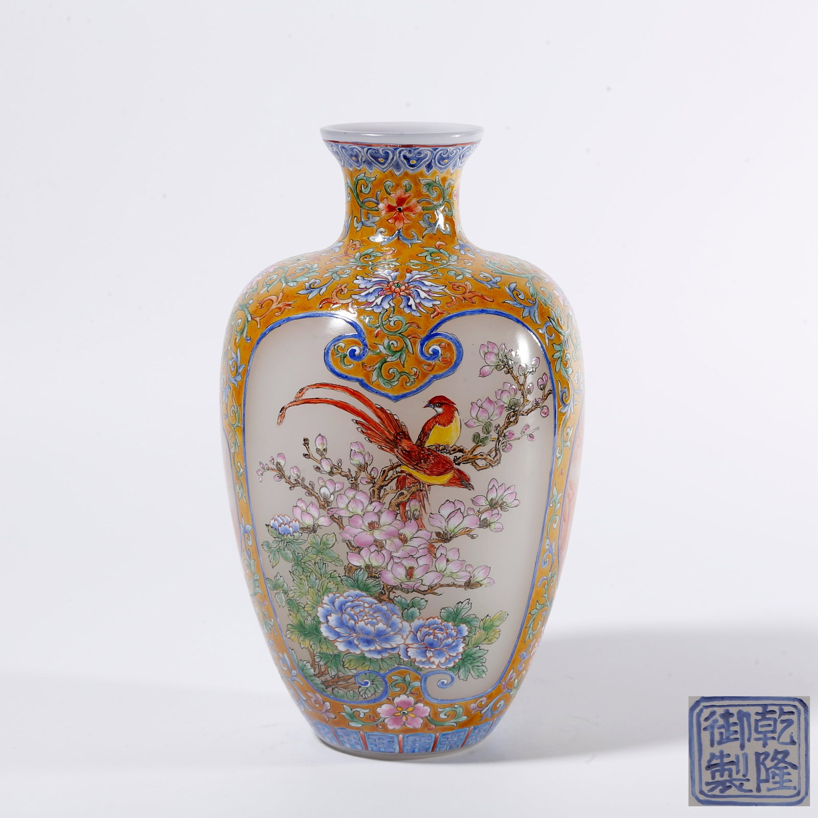 A GLASS ENAMEL VASE WITH FLOWER AND BIRD PATTERN: Glass Enamel Vase with Flower and Bird Pattern