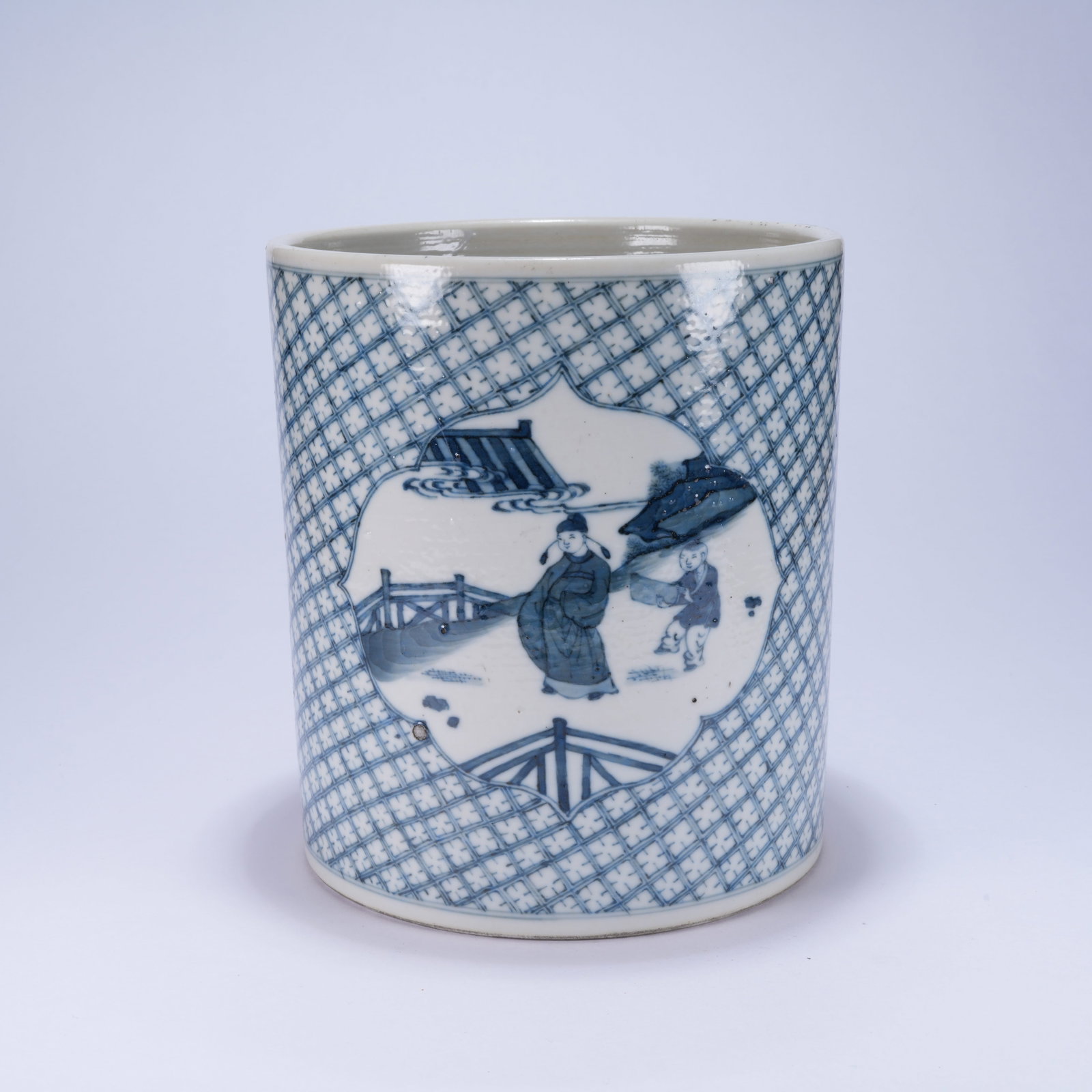 A BLUE AND WHITE BRUSH POT WITH FIGURE PATTERN: Blue and White Brush Pot with Figure Pattern