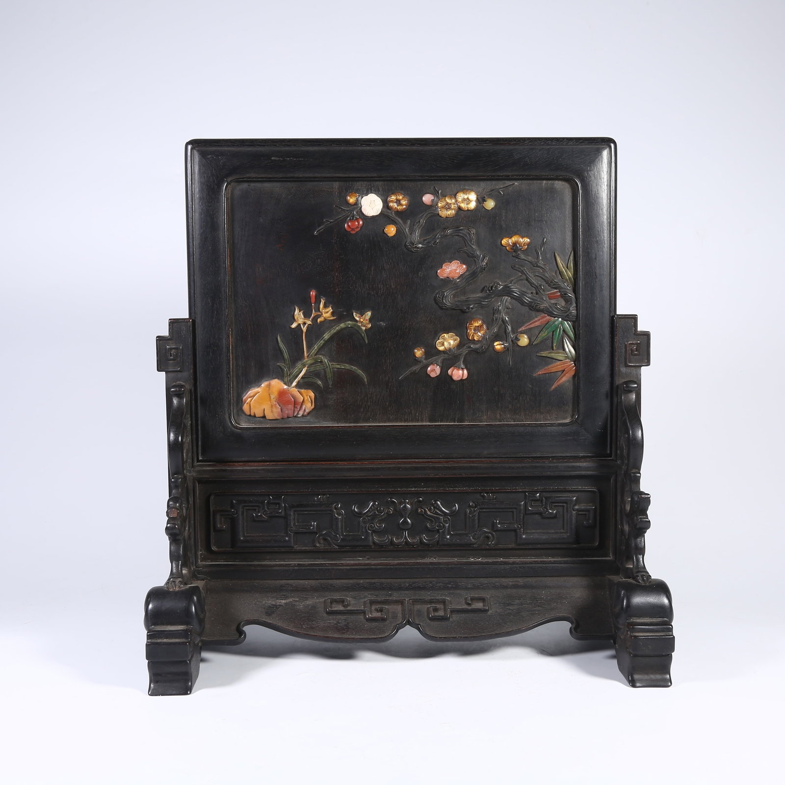 A ZITAN TABLE SCREEN INLAID WITH HUNDRED TREASURES AND ROCK-AND-FLOWER DESIGN: Zitan Table Screen Inlaid with Hundred Treasures and Rock-and-Flower Design