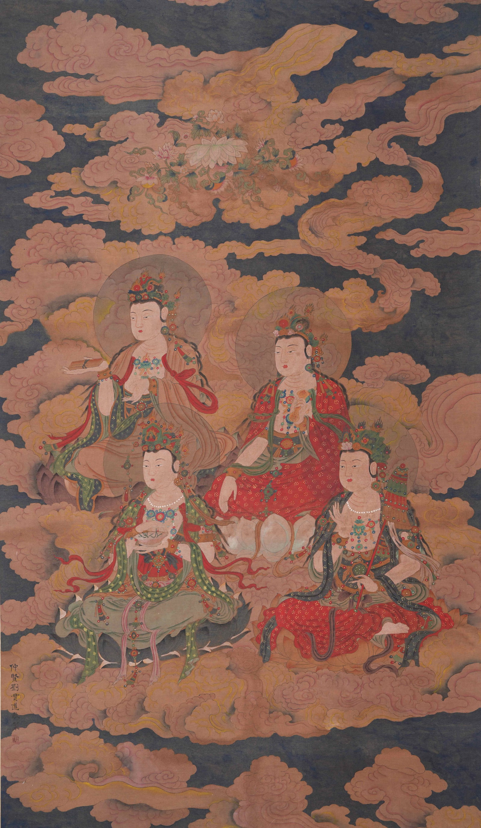 A FOUR BODHISATTVAS PAINTING ON SILK BY LIU GUANDAO.劉貫道: Four Bodhisattvas Painting on Silk by Liu Guandao.劉貫道