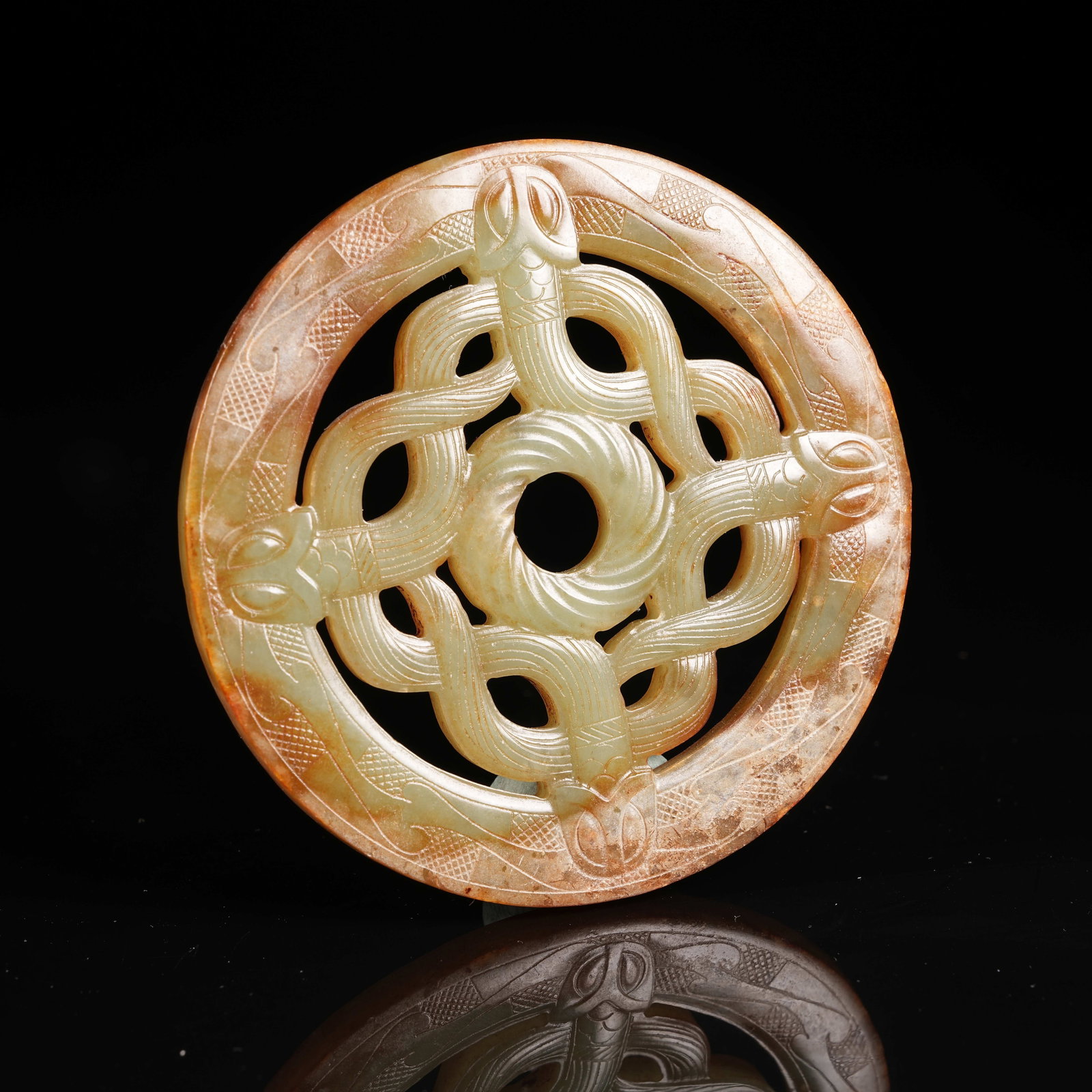 A ANCIENT JADE BI DISC WITH CHILONG PATTERN: Ancient Jade Bi Disc with Chilong Pattern