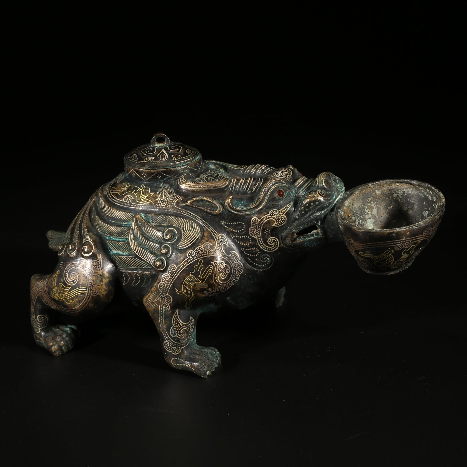 A GILT AND SILVER INLAID BRONZE BIXI INK DROPPER: Gilt and Silver Inlaid Bronze Bixi Ink Dropper