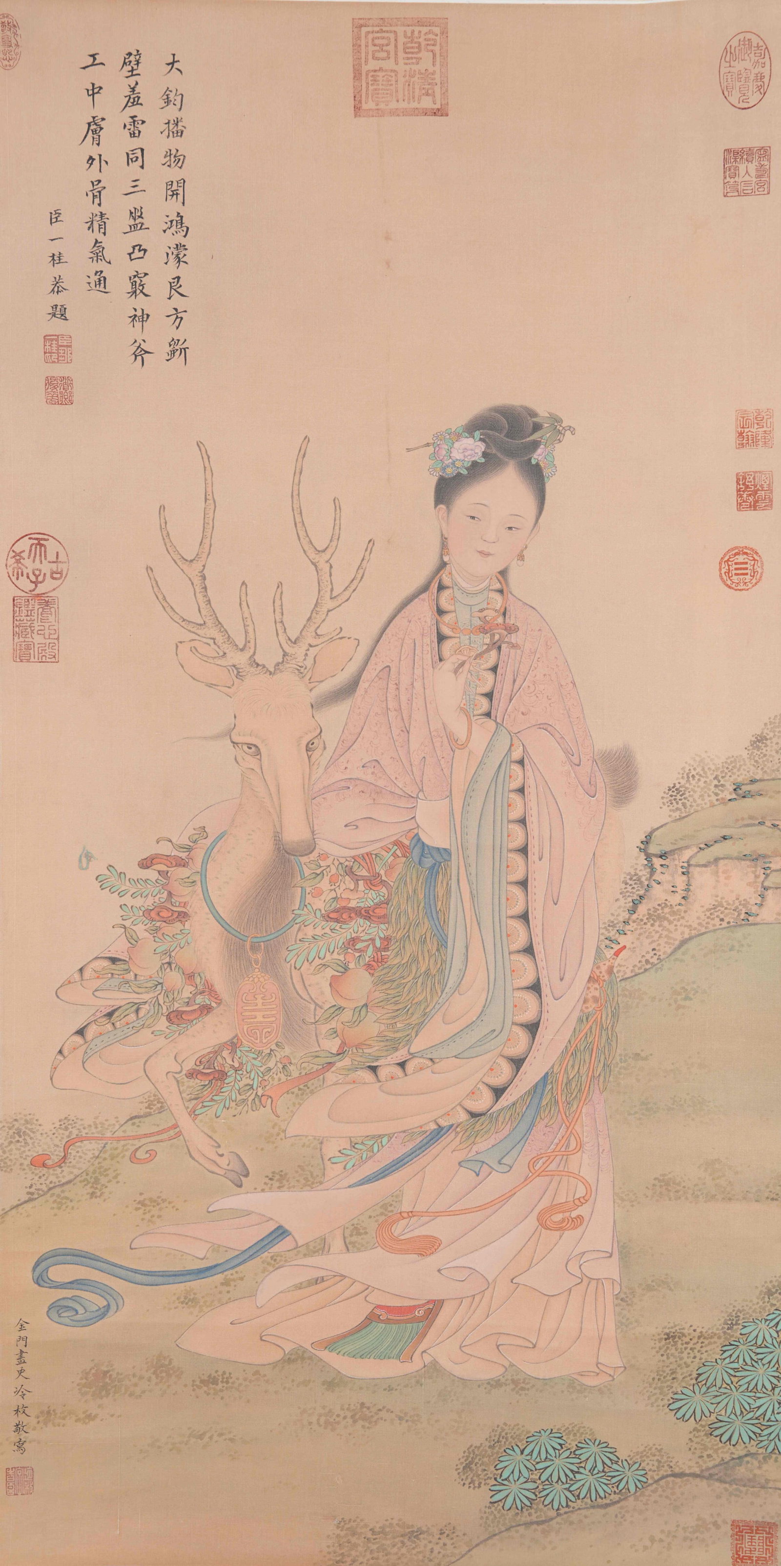A MAGU PRESENTING LONGEVITY PAINTING ON SILK BY LENG MEI.冷枚 (1 of 9)