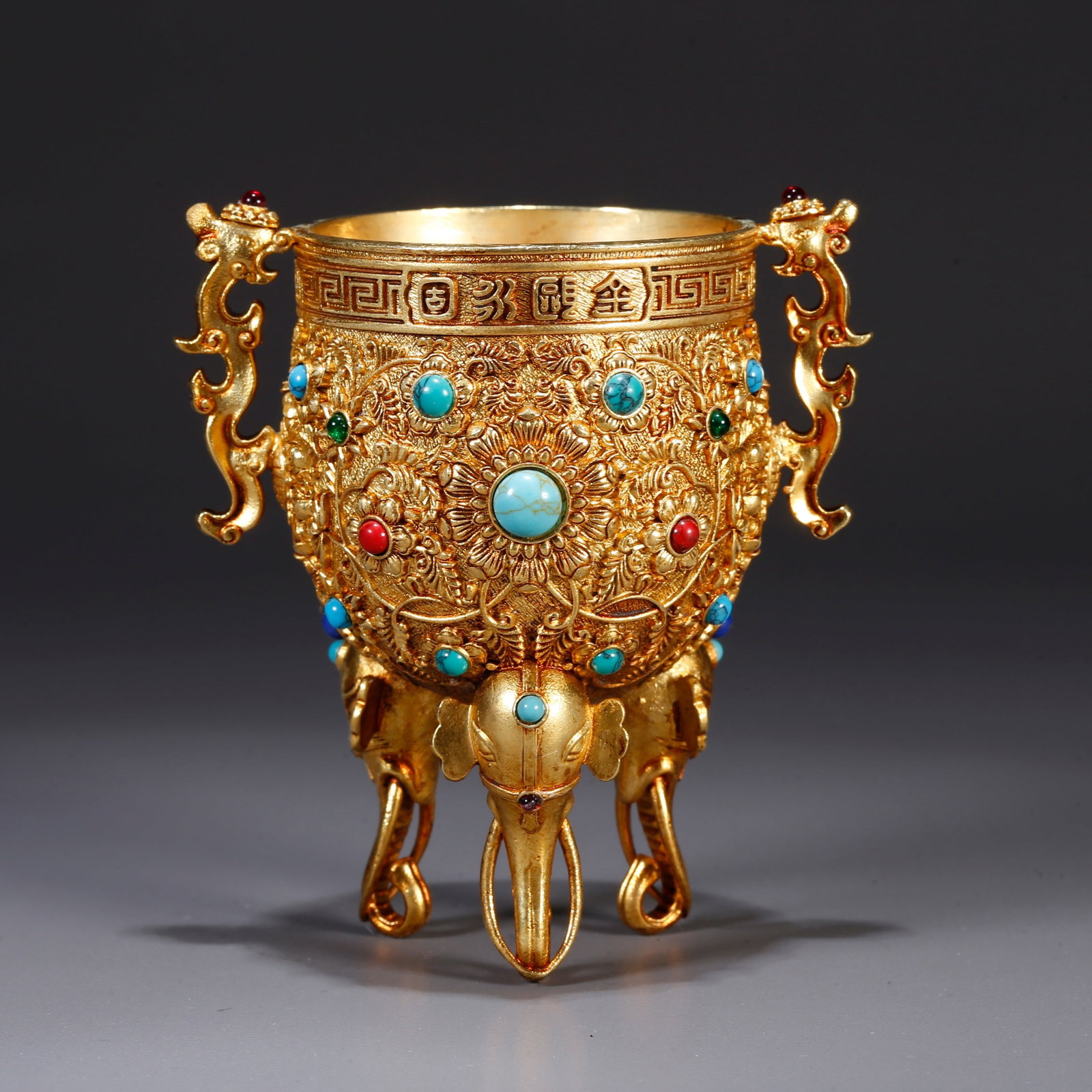 A GILT BRONZE DOUBLE-HANDLED CUP WITH FLORAL DESIGN (1 of 10)