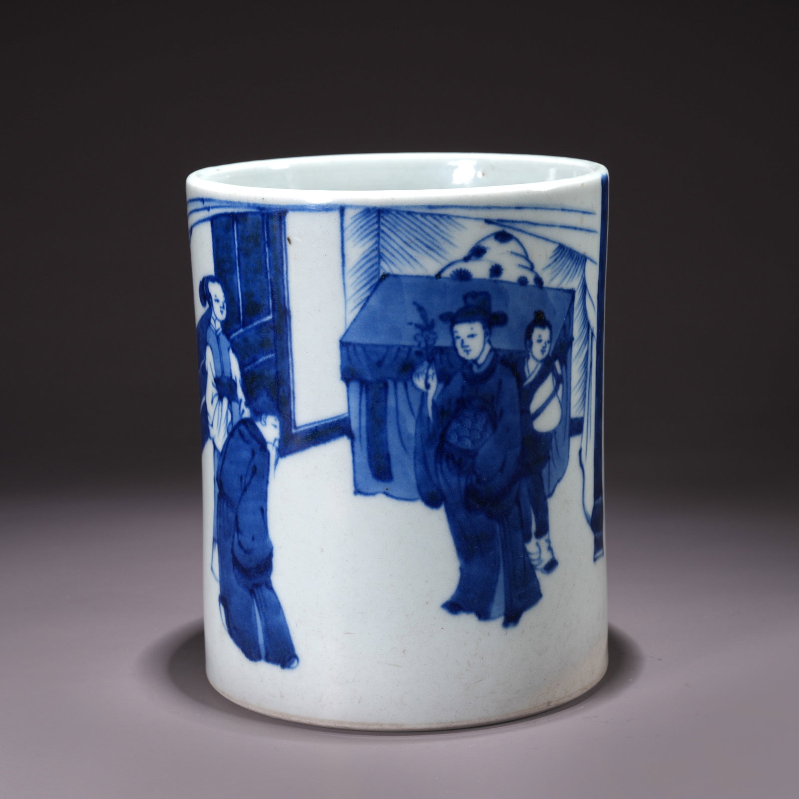 A BLUE-AND-WHITE BRUSH POT WITH FIGURE STORY MOTIFS (1 of 9)