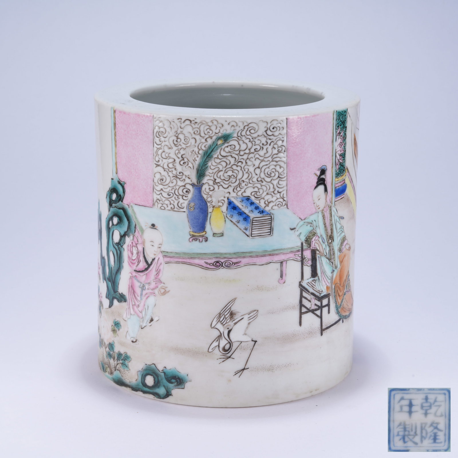 A FAMILLE ROSE BRUSH POT WITH TUTORING SCENE PATTERN (1 of 9)