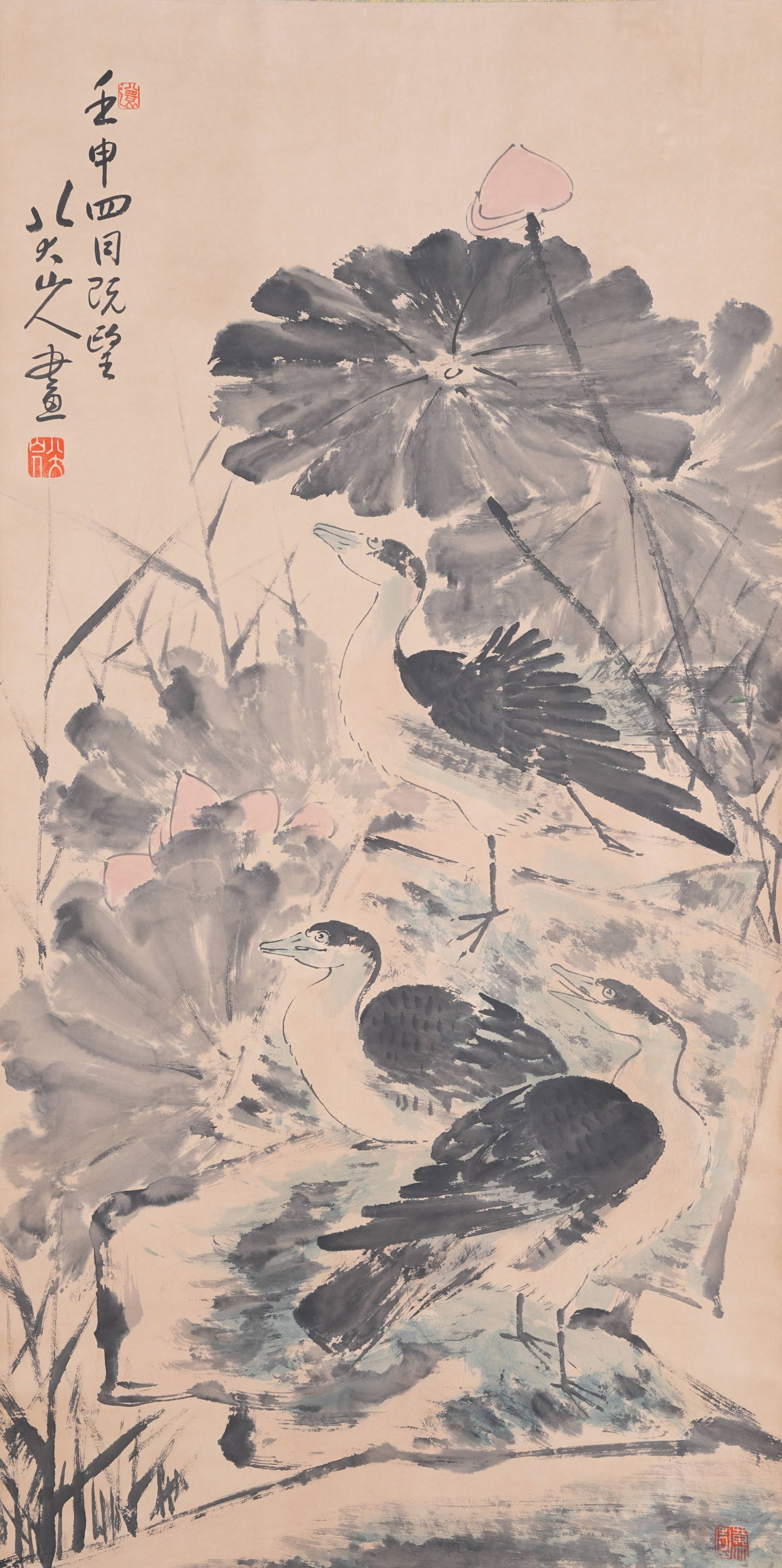 A WATERFOWL PAINTING ON PAPER BY BADA SHANREN.八大山人: Waterfowl Painting on Paper by Bada Shanren.八大山人