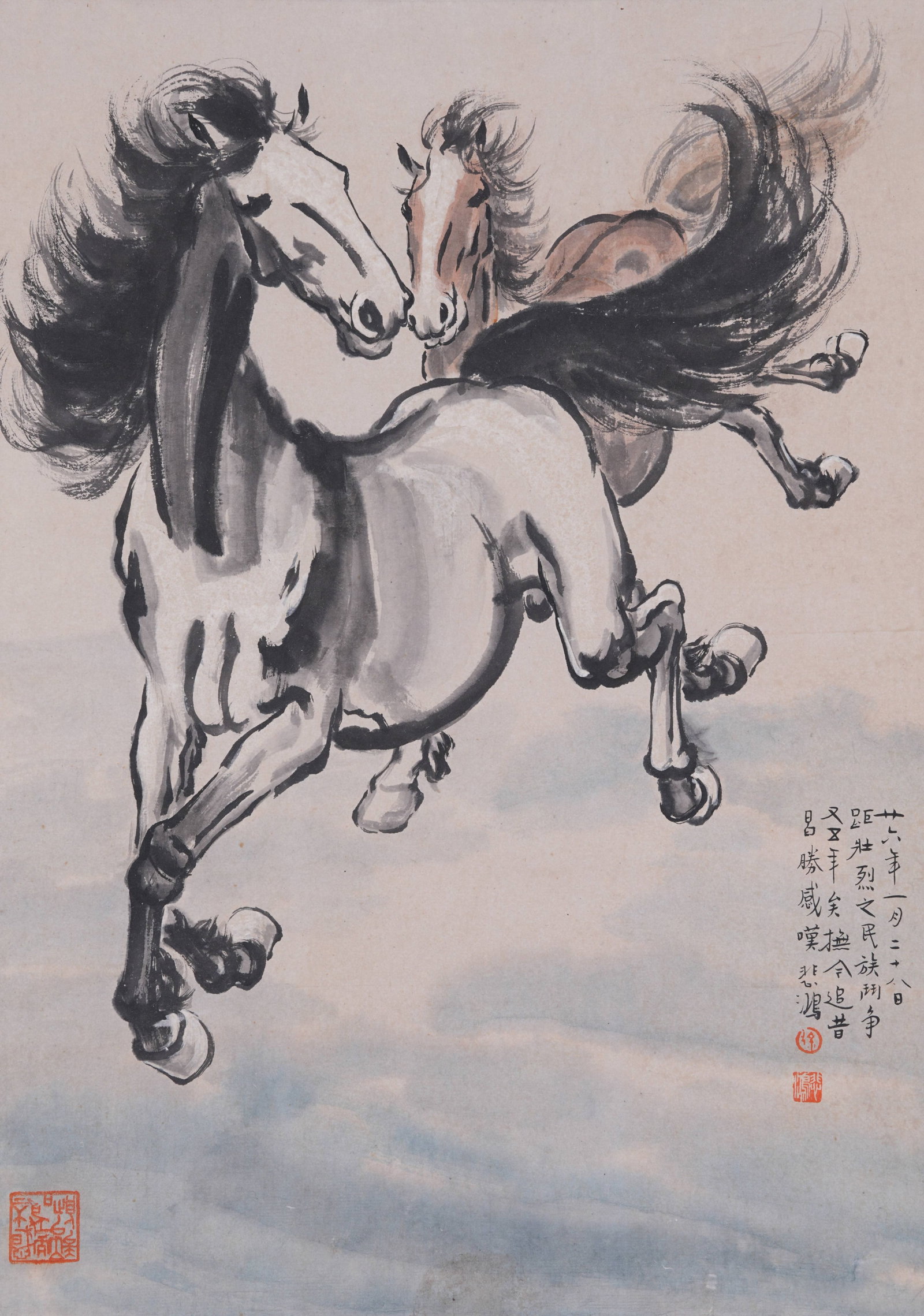 A GALLOPING HORSES PAINTING ON PAPER BY XU BEIHONG.徐悲鴻 (1 of 8)