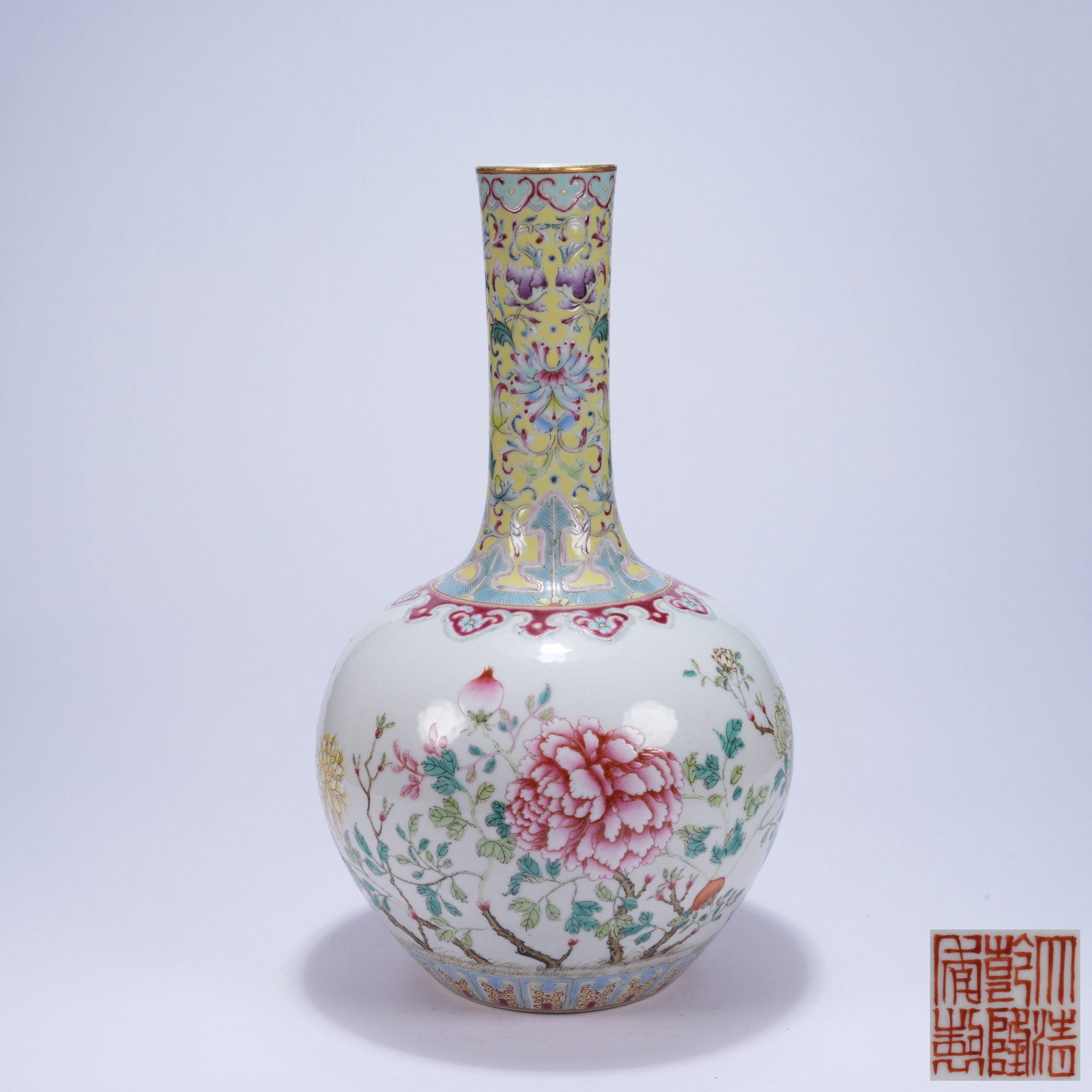 A FAMILLE ROSE LONG-NECKED VASE WITH FLORAL AND AUSPICIOUS FRUIT PATTERNS: Famille Rose Long-necked Vase with Floral and Auspicious Fruit Patterns