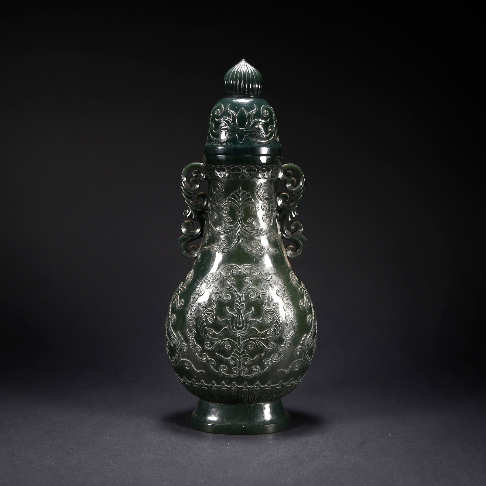 A HETIAN BIYU DOUBLE-HANDLED COVERED BOTTLE WITH FLORAL PATTERN (1 of 8)