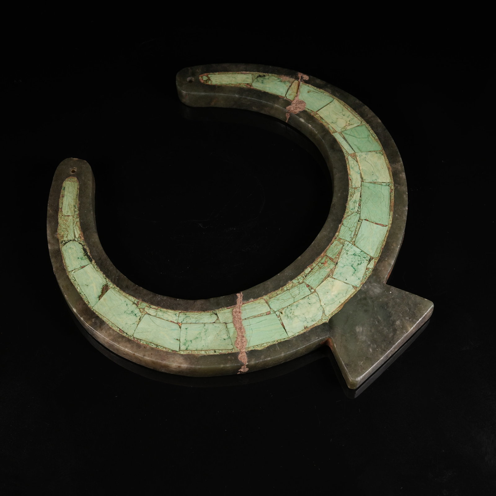A ANCIENT JADE TURQUOISE-INLAID PENDANT: Ancient Jade Turquoise-inlaid Pendant