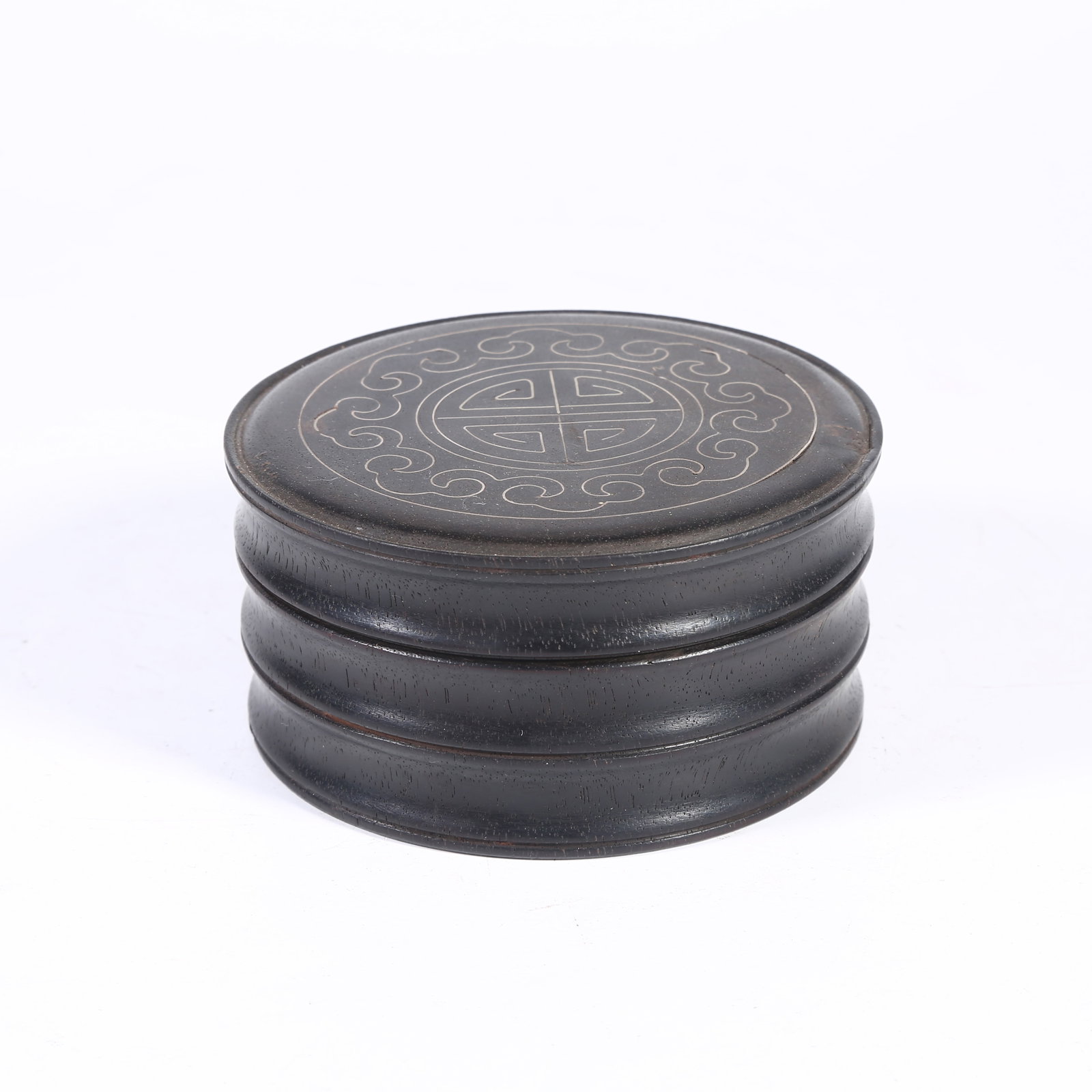 A ZITAN LIDDED BOX INLAID WITH SILVER WIRE AND CIRCULAR LONGEVITY PATTERN (1 of 9)