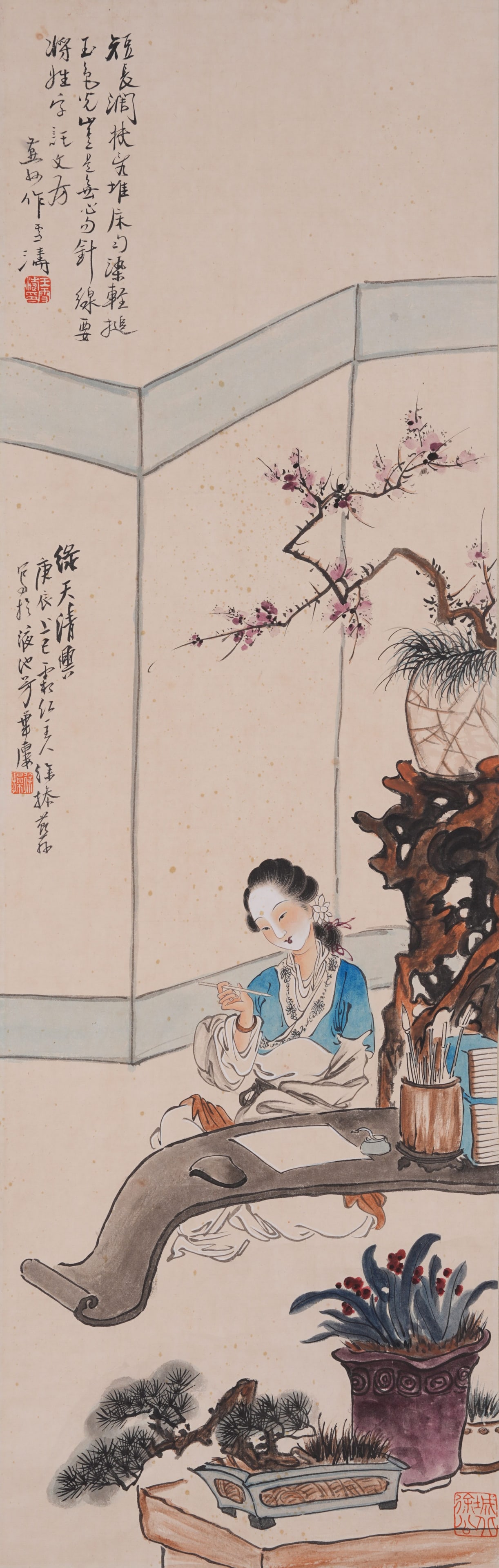 A LADY PAINTING ON PAPER BY XU CAO.徐操: Lady Painting on Paper by Xu Cao.徐操
