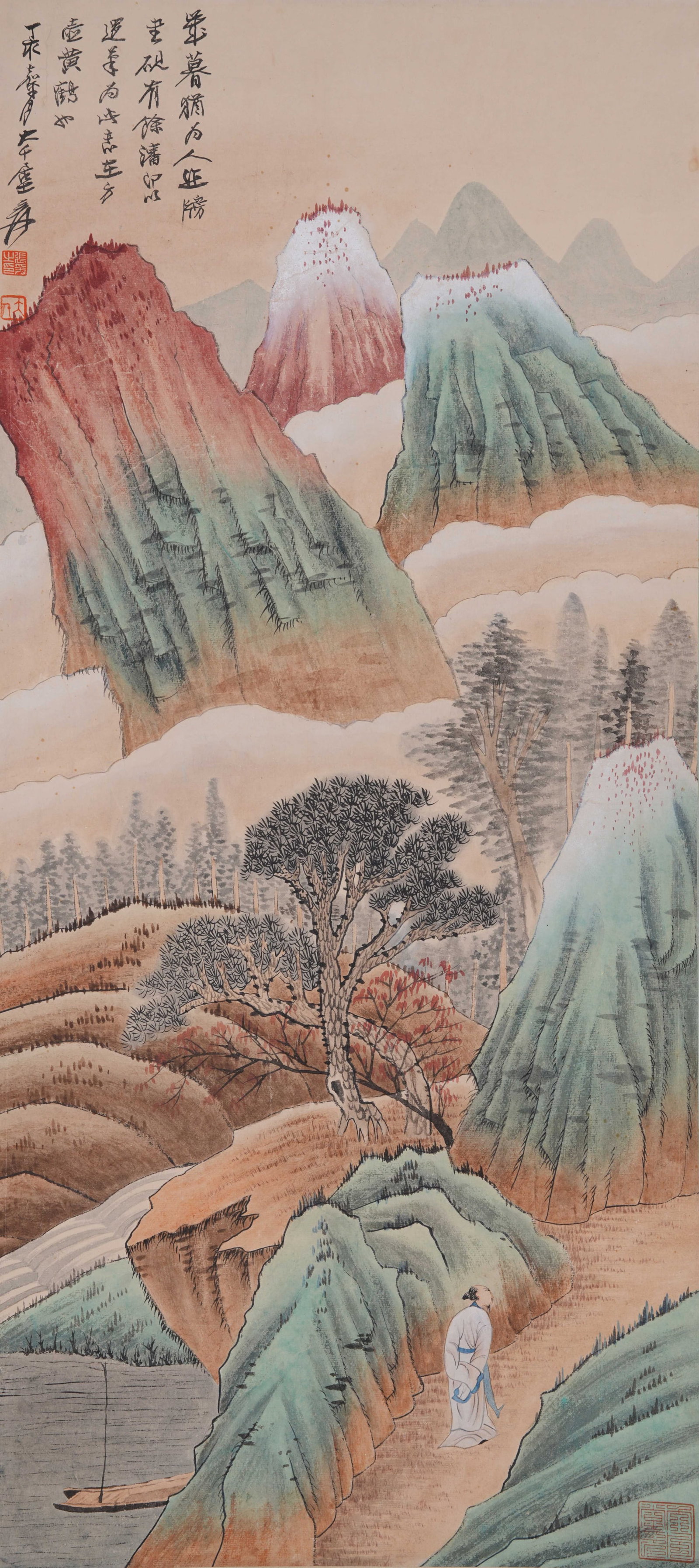A LANDSCAPE AND FIGURE PAINTING ON PAPER BY ZHANG DAQIAN.張大千: Landscape and Figure Painting on Paper by Zhang Daqian.張大千