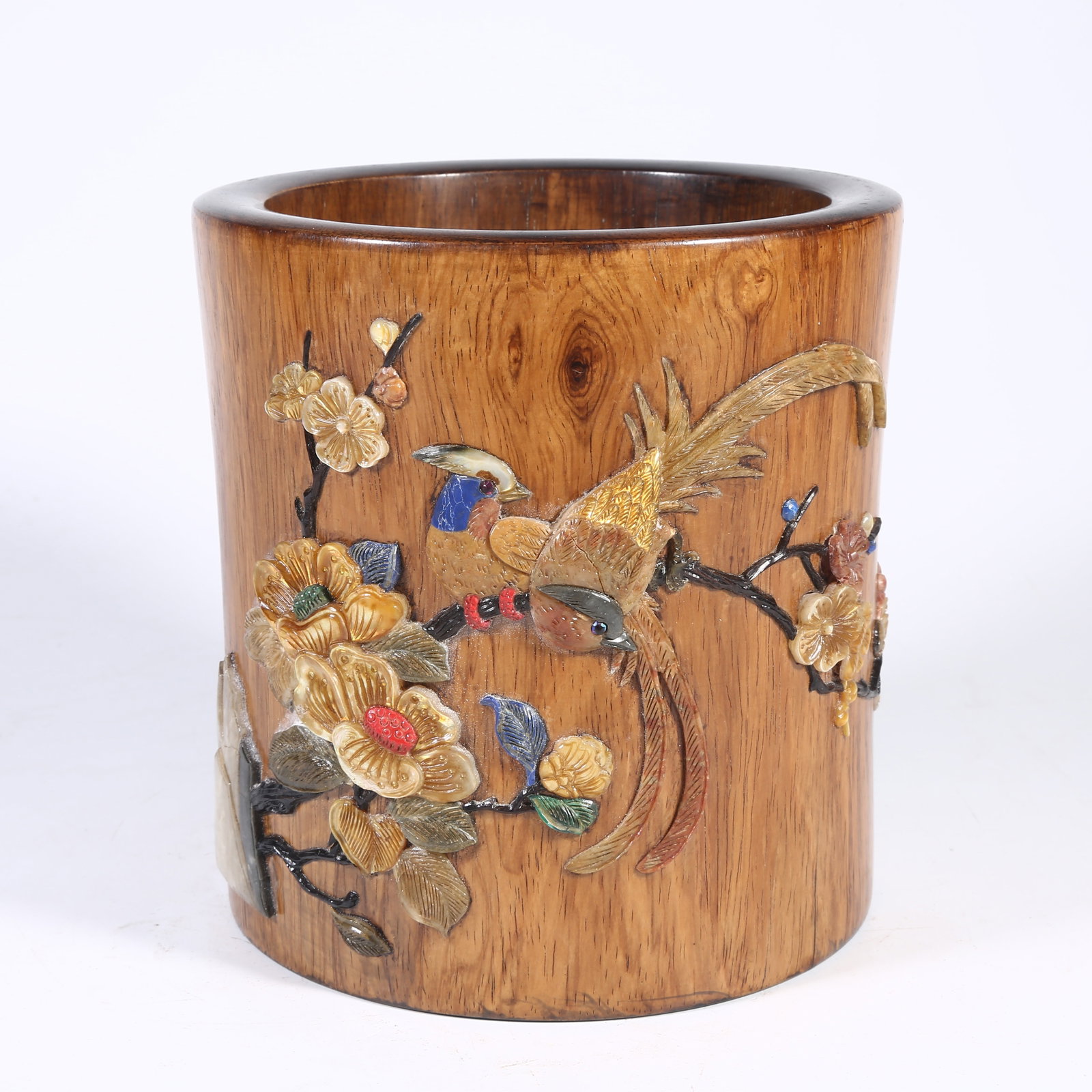 A HUANGHUALI BRUSH POT INLAID WITH HUNDRED TREASURES AND BIRD-AND-FLOWER MOTIF (1 of 9)