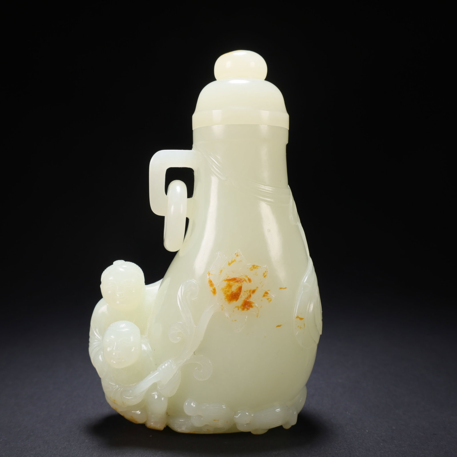 A HETIAN JADE COVERED VASE WITH CHILD PLAYING WITH LOTUS: Hetian Jade Covered Vase with Child Playing with Lotus