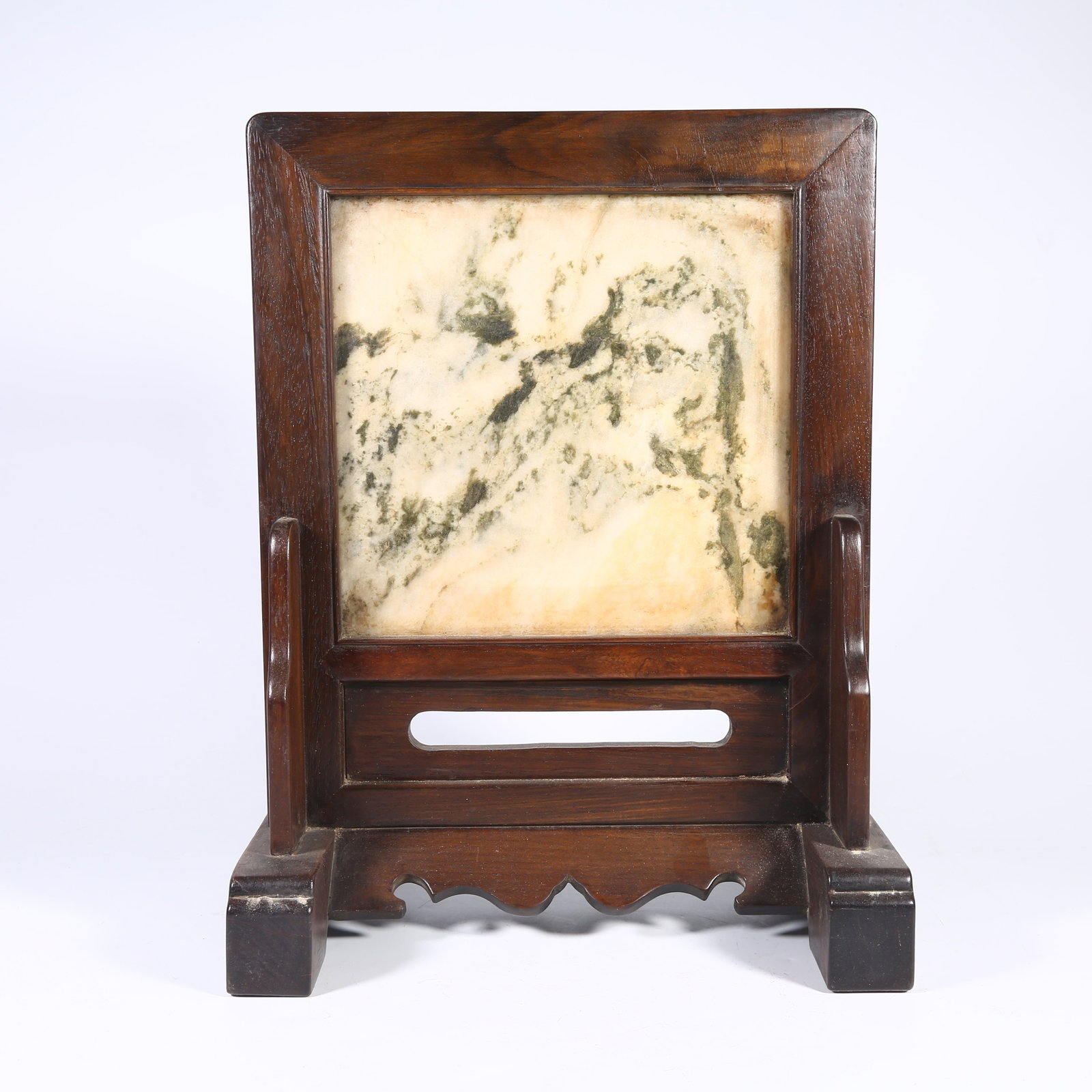 A HUANGHUALI TABLE SCREEN INLAID WITH CLOUD-PATTERNED STONE: Huanghuali Table Screen Inlaid with Cloud-patterned Stone