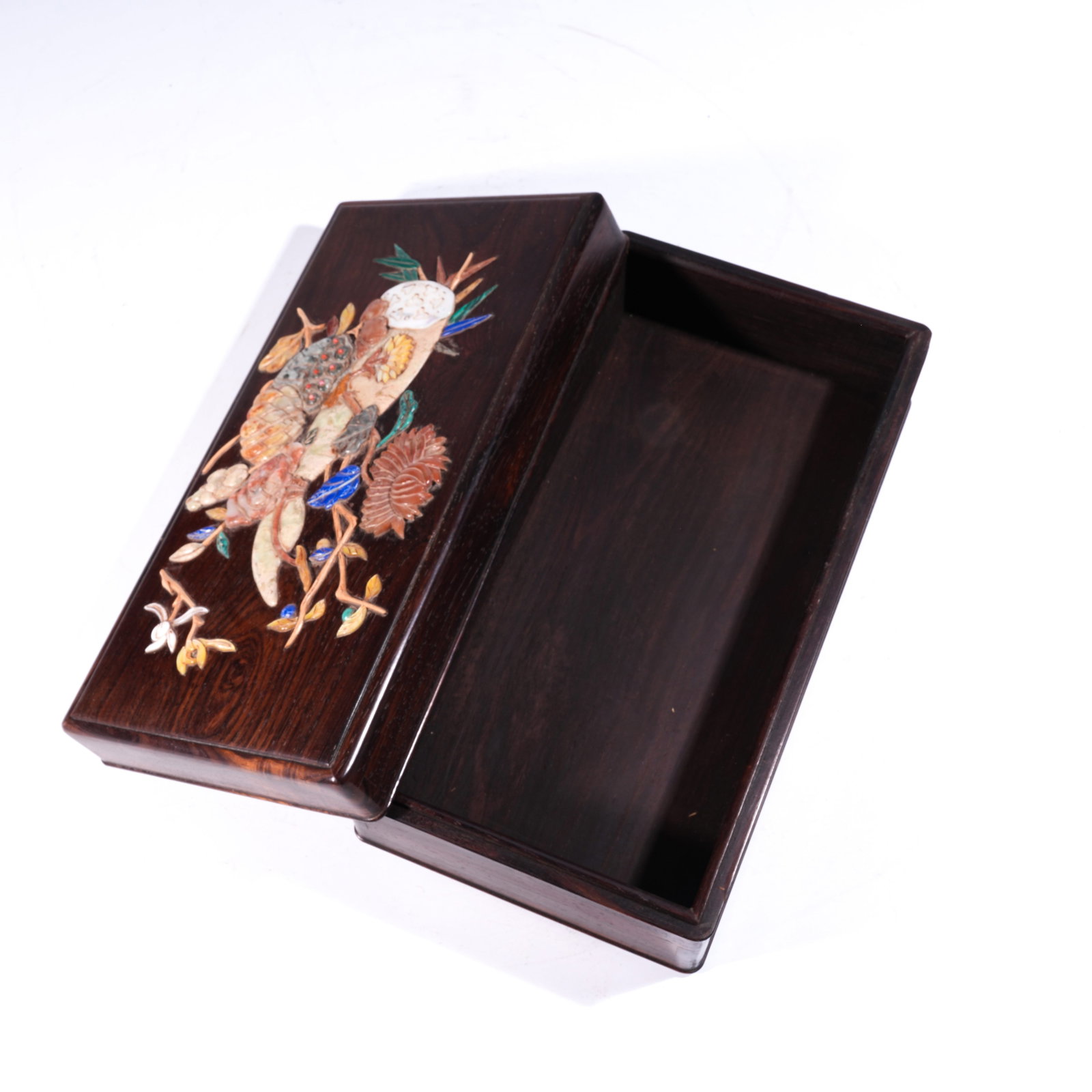 A COVERED BOX IN ZITAN WOOD INLAID WITH PRECIOUS MATERIALS, DECORATED WITH FLORAL AND AUSPICIOUS (1 of 10)