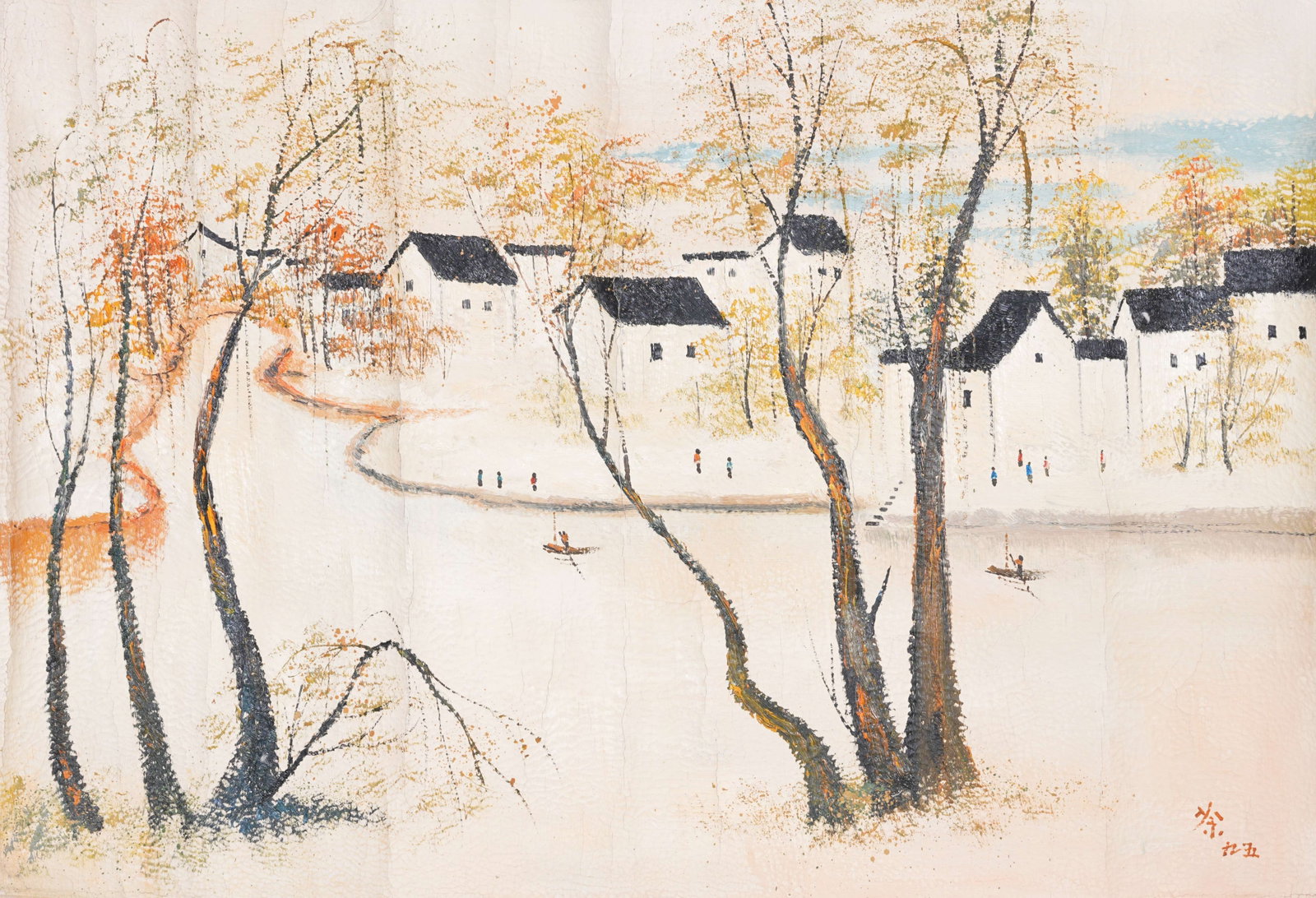 A OIL PAINTING MOUNTED PANEL BY WU GUANZHONG.吳冠中: Oil Painting Mounted Panel by Wu Guanzhong.吳冠中