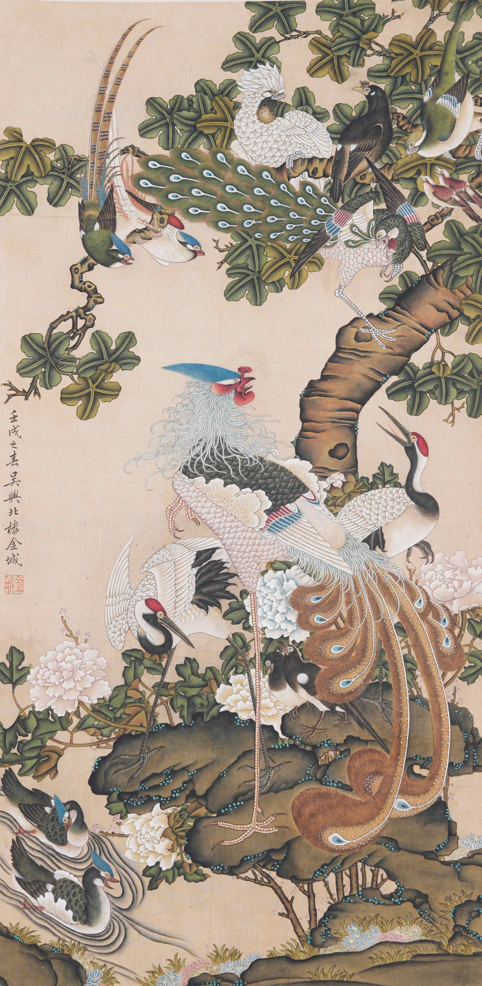 A FLOWER AND BIRD PAINTING ON SILK BY JIN CHENG.金城: Flower and Bird Painting on Silk by Jin Cheng.金城