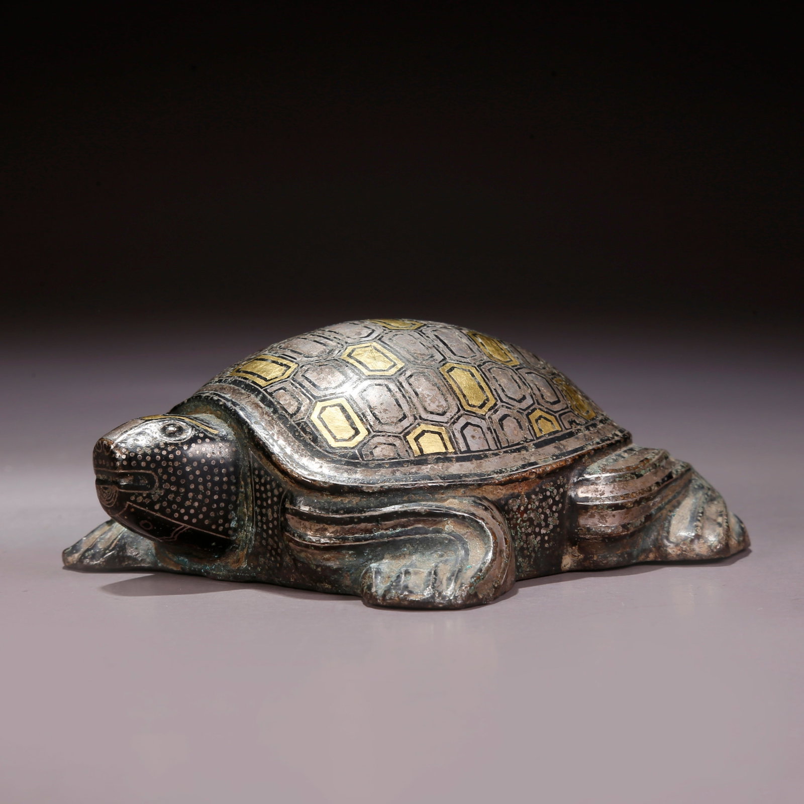 A GILT AND SILVER INLAID BRONZE TURTLE FIGURINE (1 of 9)