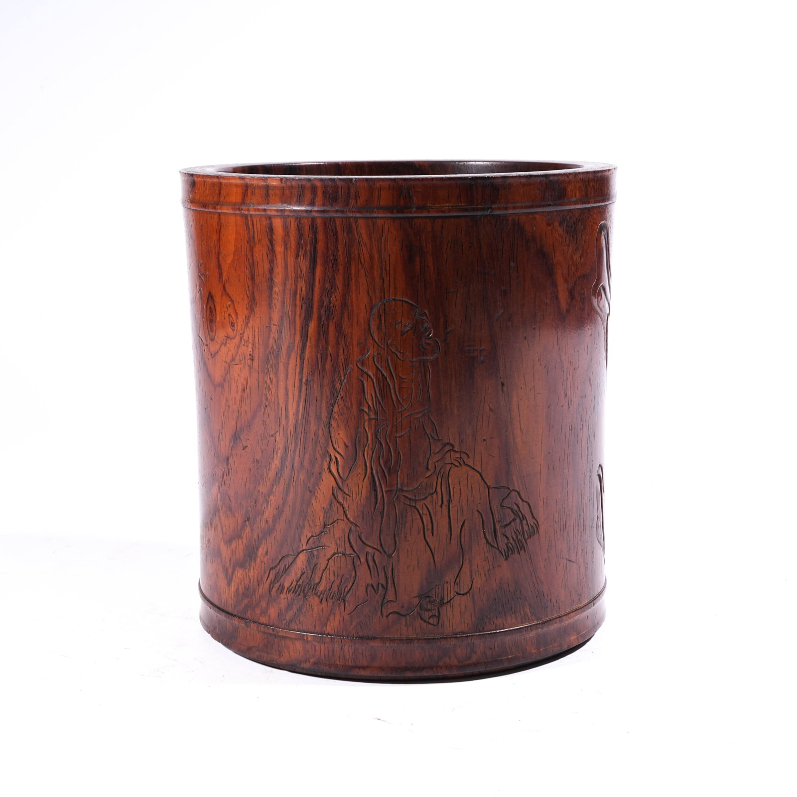 A BRUSH POT IN HARDWOOD WITH ARHAT MOTIF: Brush Pot in Hardwood with Arhat Motif