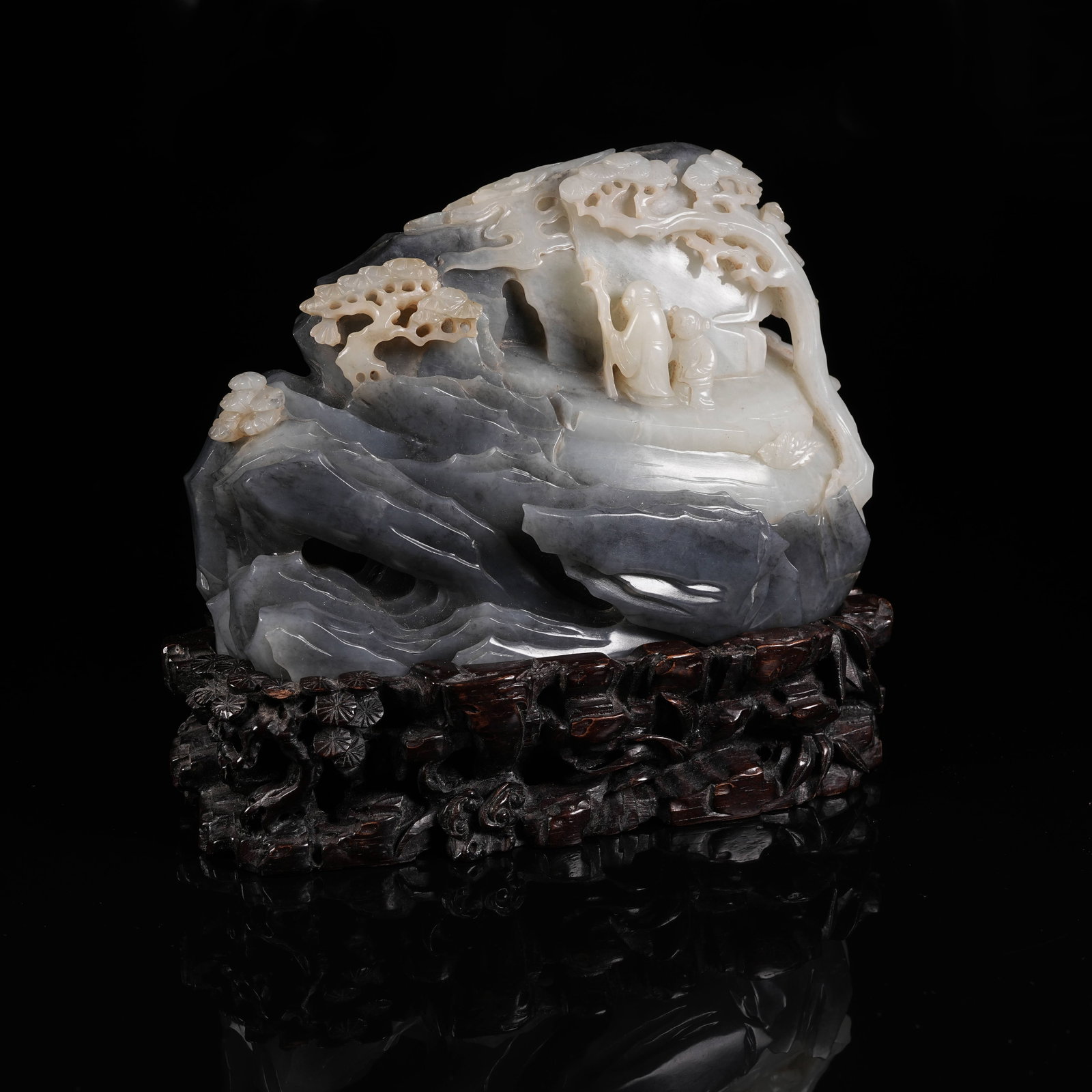 A HETIAN JADE SKILLFULLY CARVED MOUNTAIN ORNAMENT WITH VISITING FRIENDS SCENE (1 of 9)