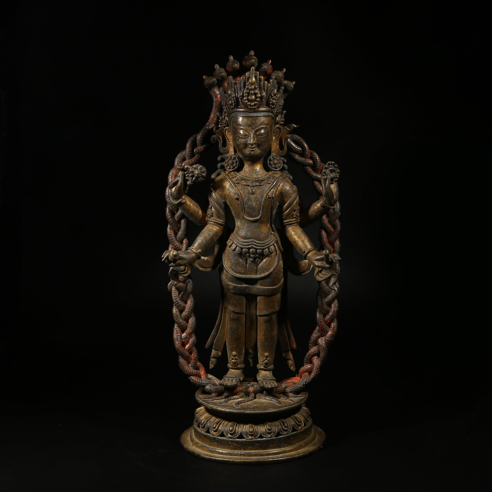 A BRONZE MUD-GILDED STATUE OF AMOGHAPASHA BODHISATTVA: Bronze Mud-Gilded Statue of Amoghapasha Bodhisattva