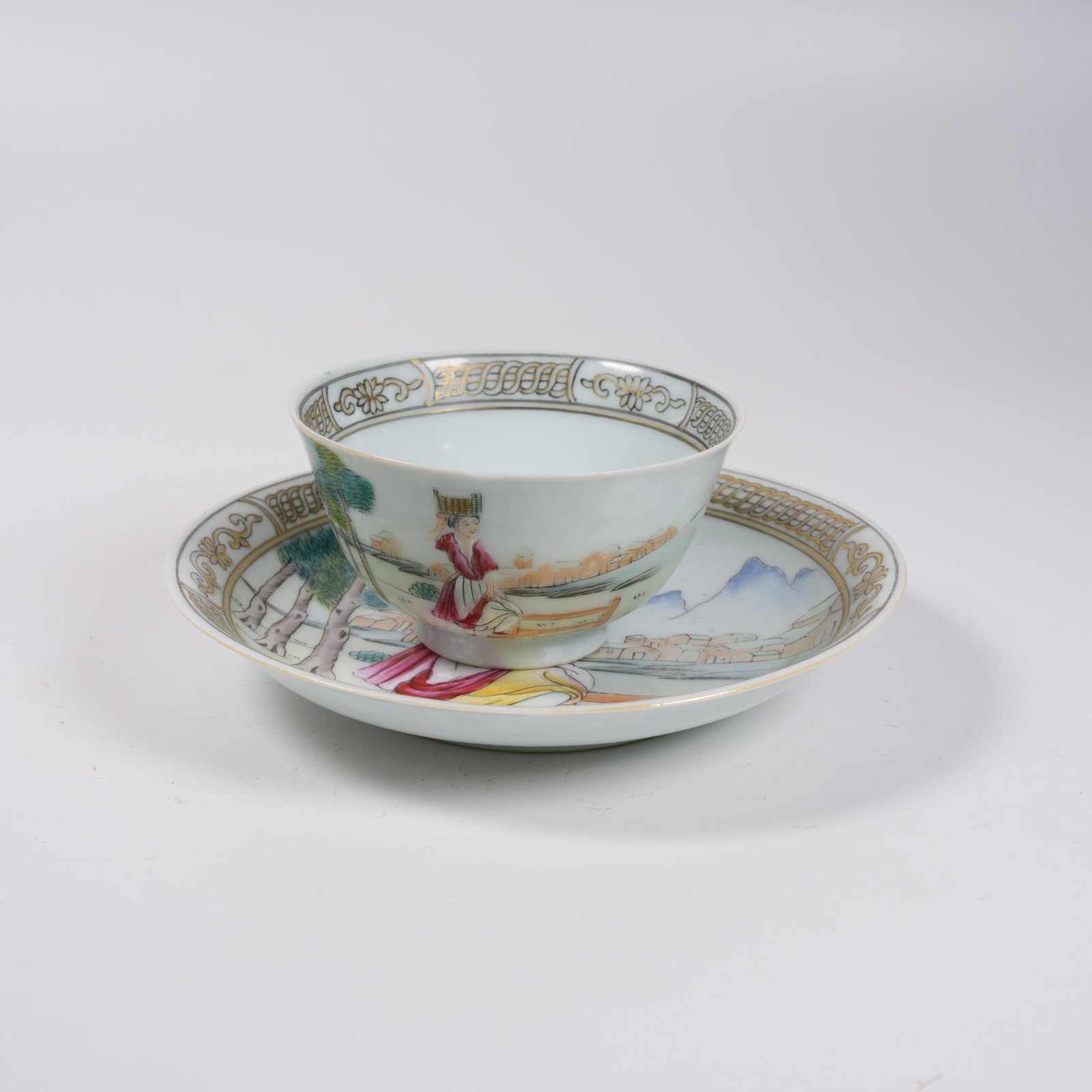 A SET OF ENAMEL CUP SAUCERS WITH FIGURE PATTERN: Set of Enamel Cup Saucers with Figure Pattern