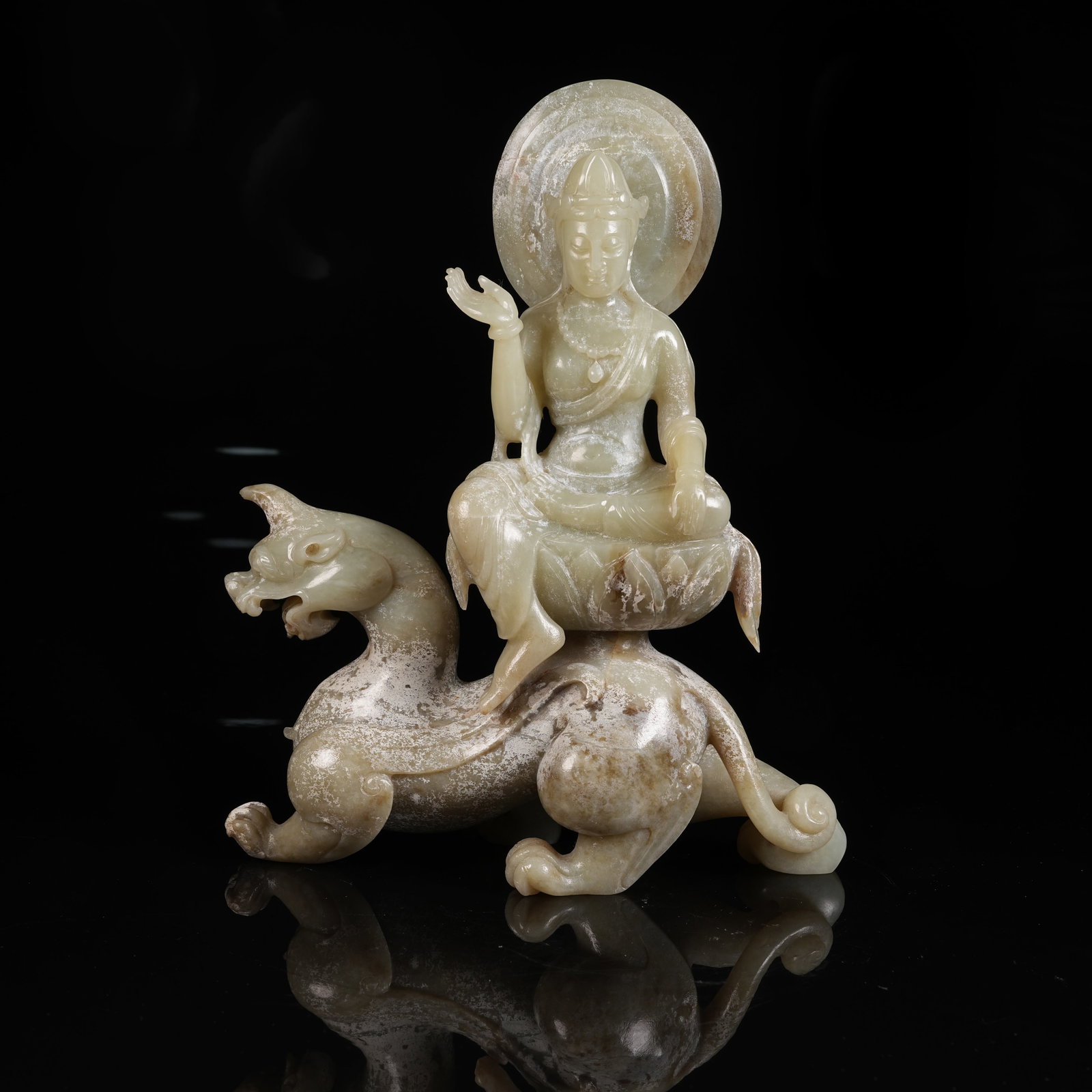 A HETIAN JADE ORNAMENT OF FREE GUANYIN RIDING AUSPICIOUS BEAST: Hetian Jade Ornament of Free Guanyin Riding Auspicious Beast