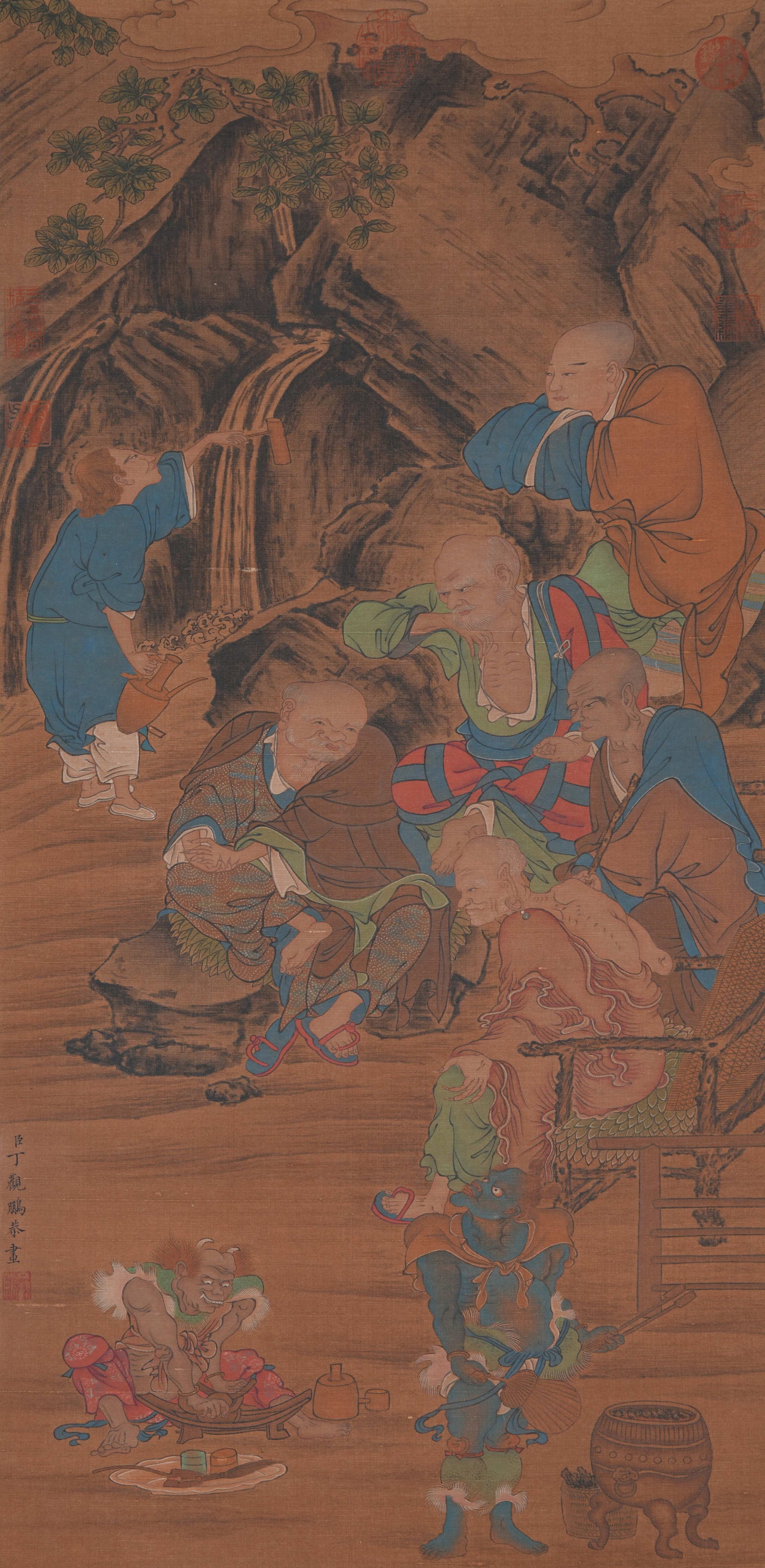 A ARHAT PAINTING ON SILK BY DING GUANPENG.丁觀鵬: Arhat Painting on Silk by Ding Guanpeng.丁觀鵬