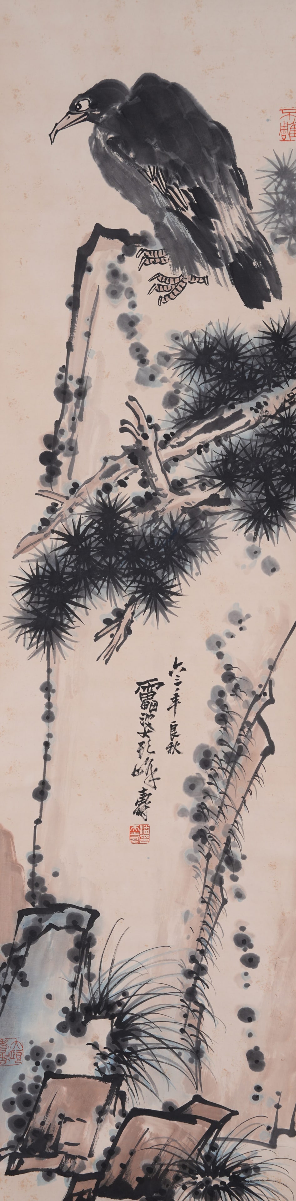 A PINE AND BIRD PAINTING ON PAPER BY PAN TIANSHOU.潘天壽: Pine and Bird Painting on Paper by Pan Tianshou.潘天壽
