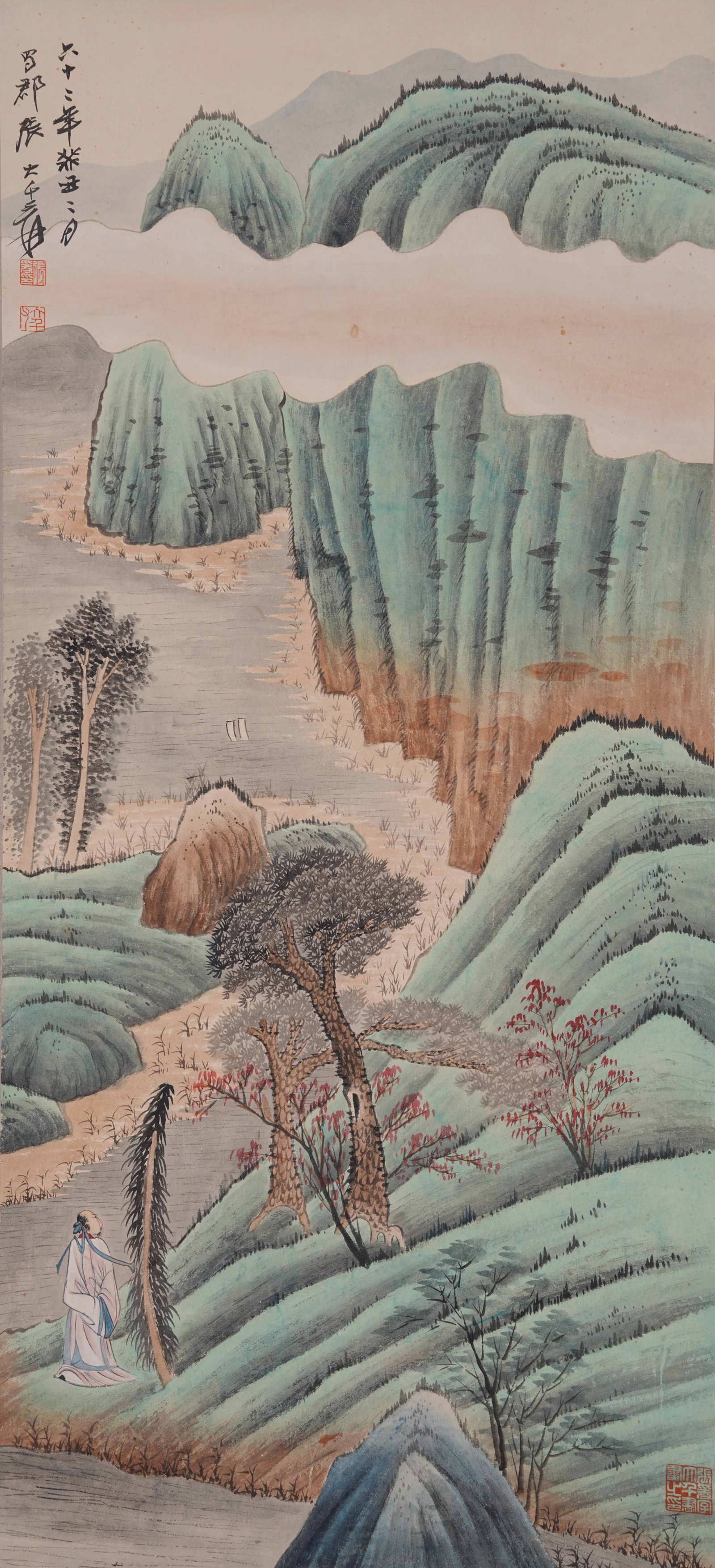 A LANDSCAPE AND FIGURE PAINTING ON PAPER BY ZHANG DAQIAN.張大千: Landscape and Figure Painting on Paper by Zhang Daqian.張大千