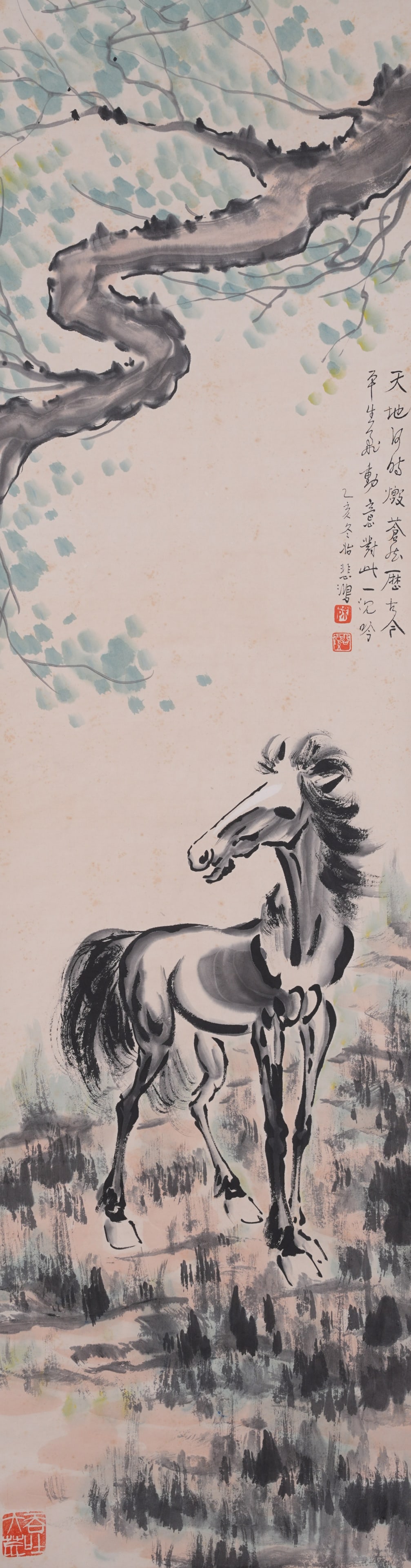 A STEED PAINTING ON PAPER BY XU BEIHONG.徐悲鴻: Steed Painting on Paper by Xu Beihong.徐悲鴻