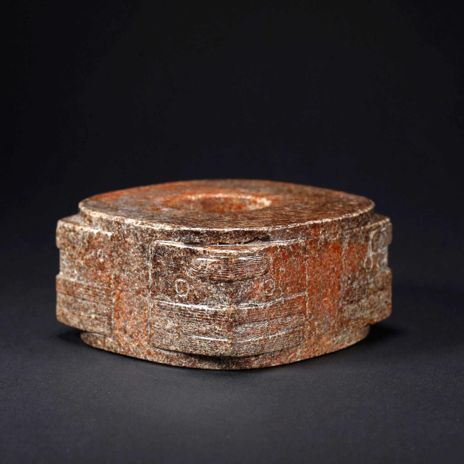 A HETIAN JADE CONG WITH BEAST FACE MOTIF: Hetian Jade Cong with Beast Face Motif
