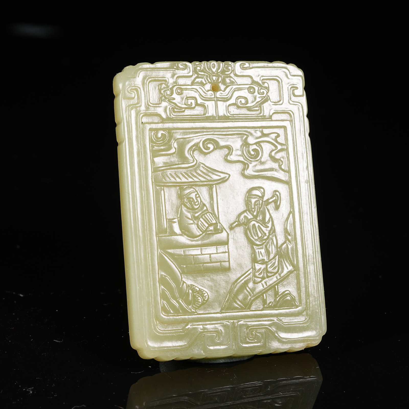A HETIAN YELLOW JADE PLAQUE WITH VISITING FRIEND SCENERY: Hetian Yellow Jade Plaque with Visiting Friend Scenery